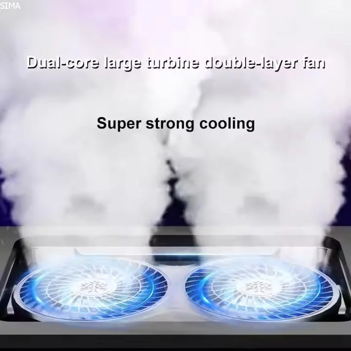 پد خنک کننده لپ تاپ RGB سیما مدل V2، دارای دو فن 14 سانتی متری، فوم سیل برای خنک سازی سریع، کنترل سرعت متغیر بی نهایت، ورودی USB Type C، خروجی برق Type A، صفحه نمایش LCD، مناسب برای لپ تاپ های 15.6-21 اینچ، 3000 دور در دقیقه