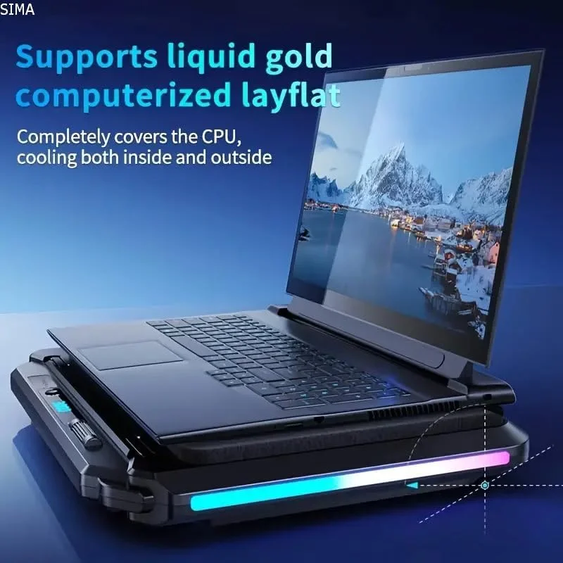 پد خنک کننده لپ تاپ RGB سیما مدل V2، دارای دو فن 14 سانتی متری، فوم سیل برای خنک سازی سریع، کنترل سرعت متغیر بی نهایت، ورودی USB Type C، خروجی برق Type A، صفحه نمایش LCD، مناسب برای لپ تاپ های 15.6-21 اینچ، 3000 دور در دقیقه