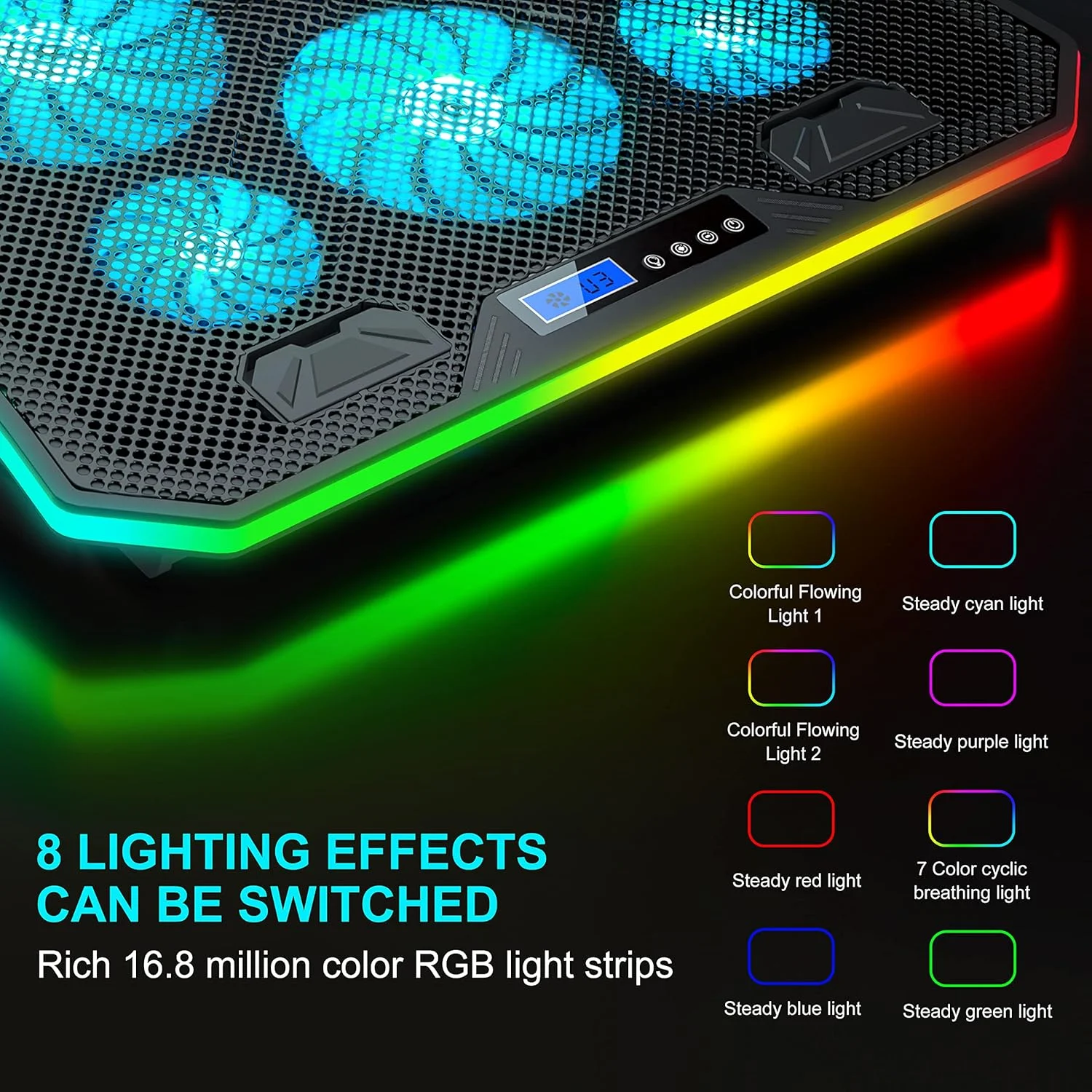 پایه خنک کننده لپ تاپ TopMate C12 RGB مخصوص بازی، کولر نوت بوک برای استفاده روی میز و زانو، پایه فن لپ تاپ با 8 ارتفاع قابل تنظیم با 6 فن بی صدا و نگهدارنده تلفن، برای لپ تاپ های 15.6-17.3 اینچی - نور LED آبی یخی پایه خنک کننده لپ تاپ TopMate C12 RGB مخصوص بازی، کولر نوت بوک برای استفاده روی میز و زانو، پایه فن لپ تاپ با 8 ارتفاع قابل تنظیم با 6 فن بی صدا و نگهدارنده تلفن، برای لپ تاپ های 15.6-17.3 اینچی - نور LED آبی یخی