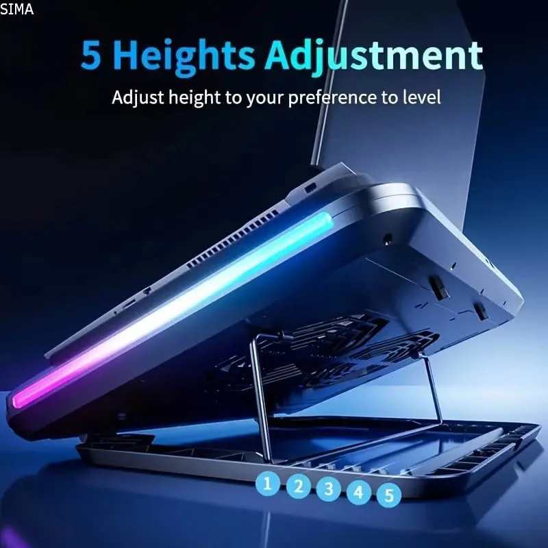 پد خنک کننده لپ تاپ RGB سیما مدل V2، دارای دو فن 14 سانتی متری، فوم سیل برای خنک سازی سریع، کنترل سرعت متغیر بی نهایت، ورودی USB Type C، خروجی برق Type A، صفحه نمایش LCD، مناسب برای لپ تاپ های 15.6-21 اینچ، 3000 دور در دقیقه