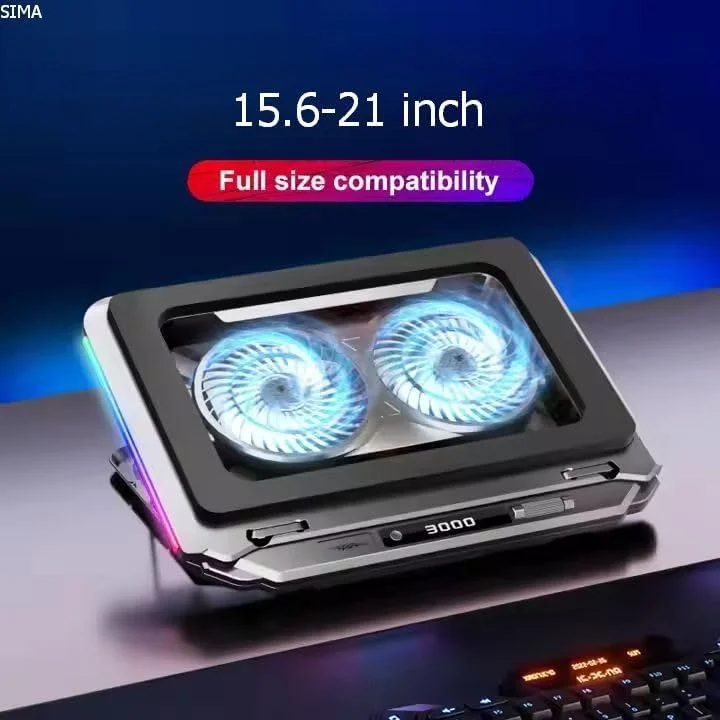 پد خنک کننده لپ تاپ RGB سیما مدل V2، دارای دو فن 14 سانتی متری، فوم سیل برای خنک سازی سریع، کنترل سرعت متغیر بی نهایت، ورودی USB Type C، خروجی برق Type A، صفحه نمایش LCD، مناسب برای لپ تاپ های 15.6-21 اینچ، 3000 دور در دقیقه