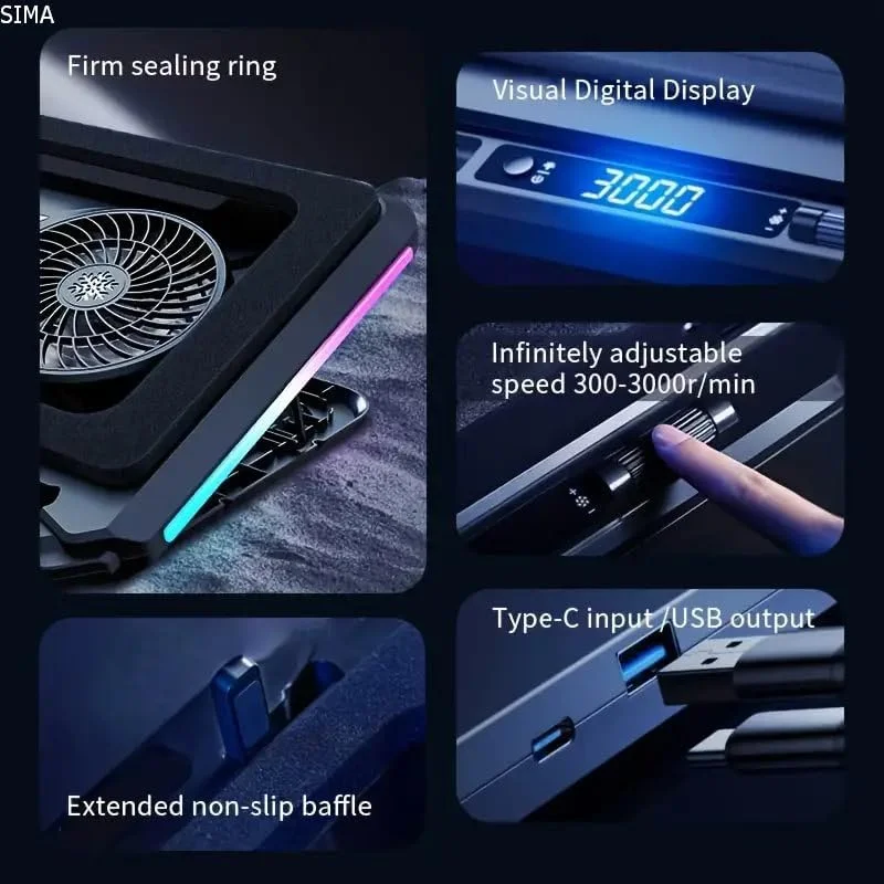 پد خنک کننده لپ تاپ RGB سیما مدل V2، دارای دو فن 14 سانتی متری، فوم سیل برای خنک سازی سریع، کنترل سرعت متغیر بی نهایت، ورودی USB Type C، خروجی برق Type A، صفحه نمایش LCD، مناسب برای لپ تاپ های 15.6-21 اینچ، 3000 دور در دقیقه