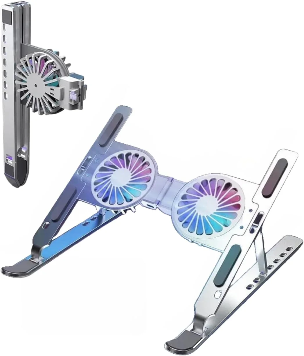 پایه خنک کننده لپ تاپ Next Plug، تاشو و قابل حمل با فن های توربو، فن دوگانه RGB با تغذیه USB، دارای 7 ارتفاع قابل تنظیم برای لپ تاپ های گیمینگ 12 تا 17 اینچی، پایه خنک کننده تبلت آیپد.