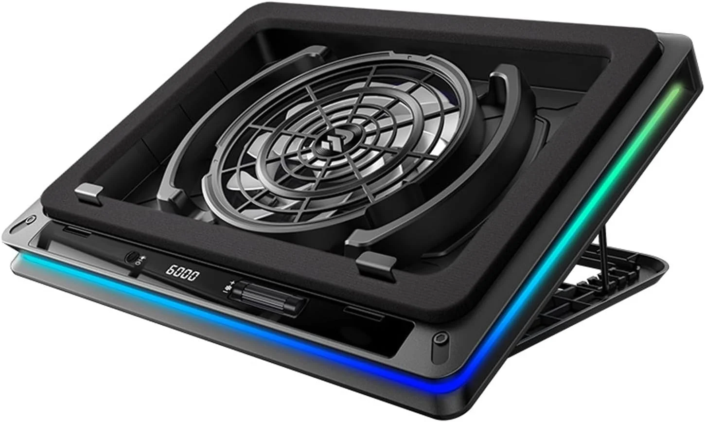 پد خنک کننده لپ تاپ گیمینگ Exrp، پایه خنک کننده لپ تاپ با فن خنک کننده خارجی 18 سانتی متری، خنک کننده سریع لپ تاپ 15.6-19.3 اینچی، سرعت متغیر بی نهایت، 5 پایه ارتفاع، پورت های USB