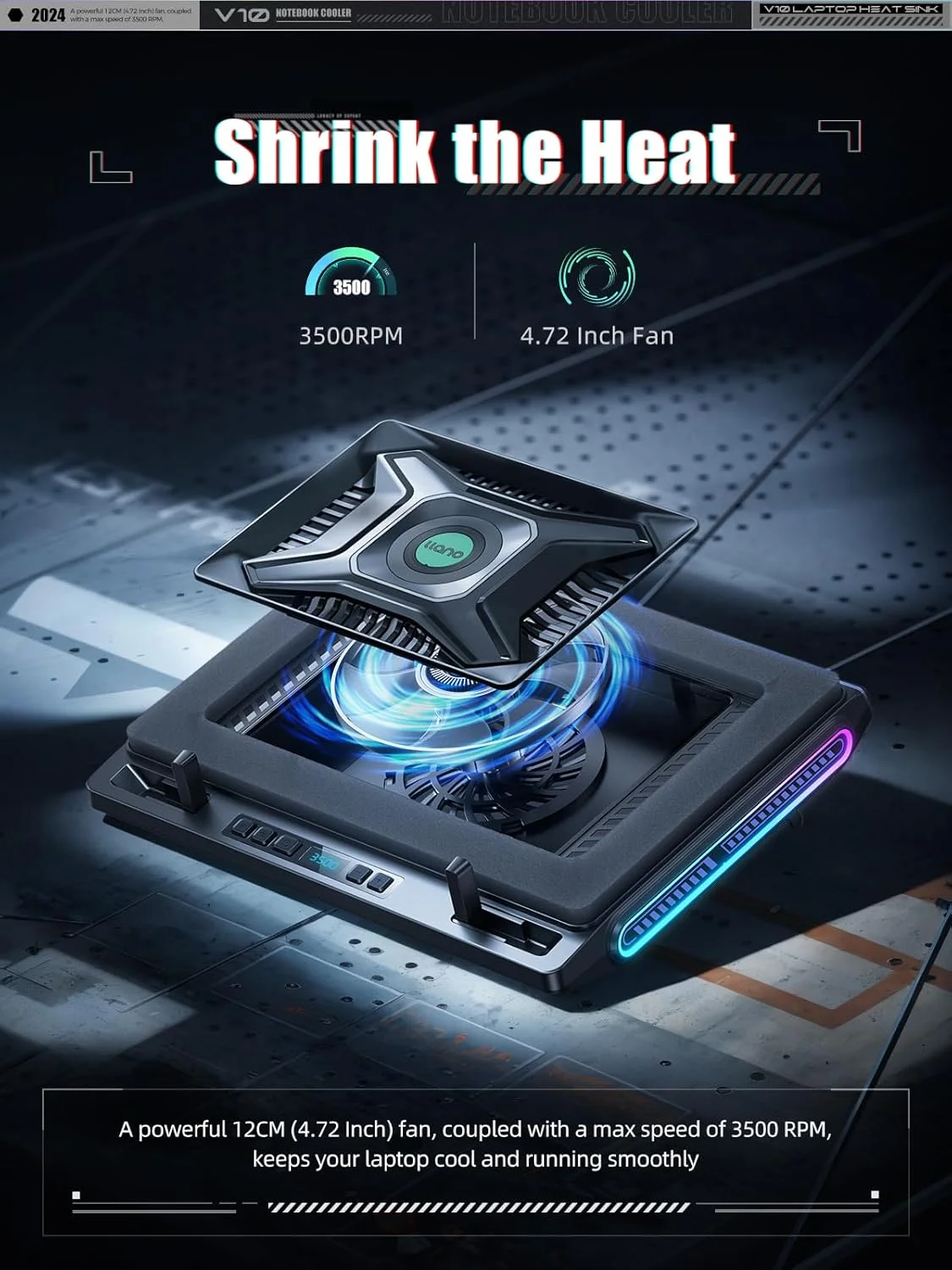 خنک کننده لپ تاپ گیمینگ llano V10، پد خنک کننده لپ تاپ RGB با فن خنک کننده توربو خارجی قدرتمند 4.72 اینچی، خنک کننده سریع کامپیوتر 13-17.3 اینچی، کنترل دکمه ای، پایه 3 حالته قابل تنظیم، USB 4 پورت (مشکی)