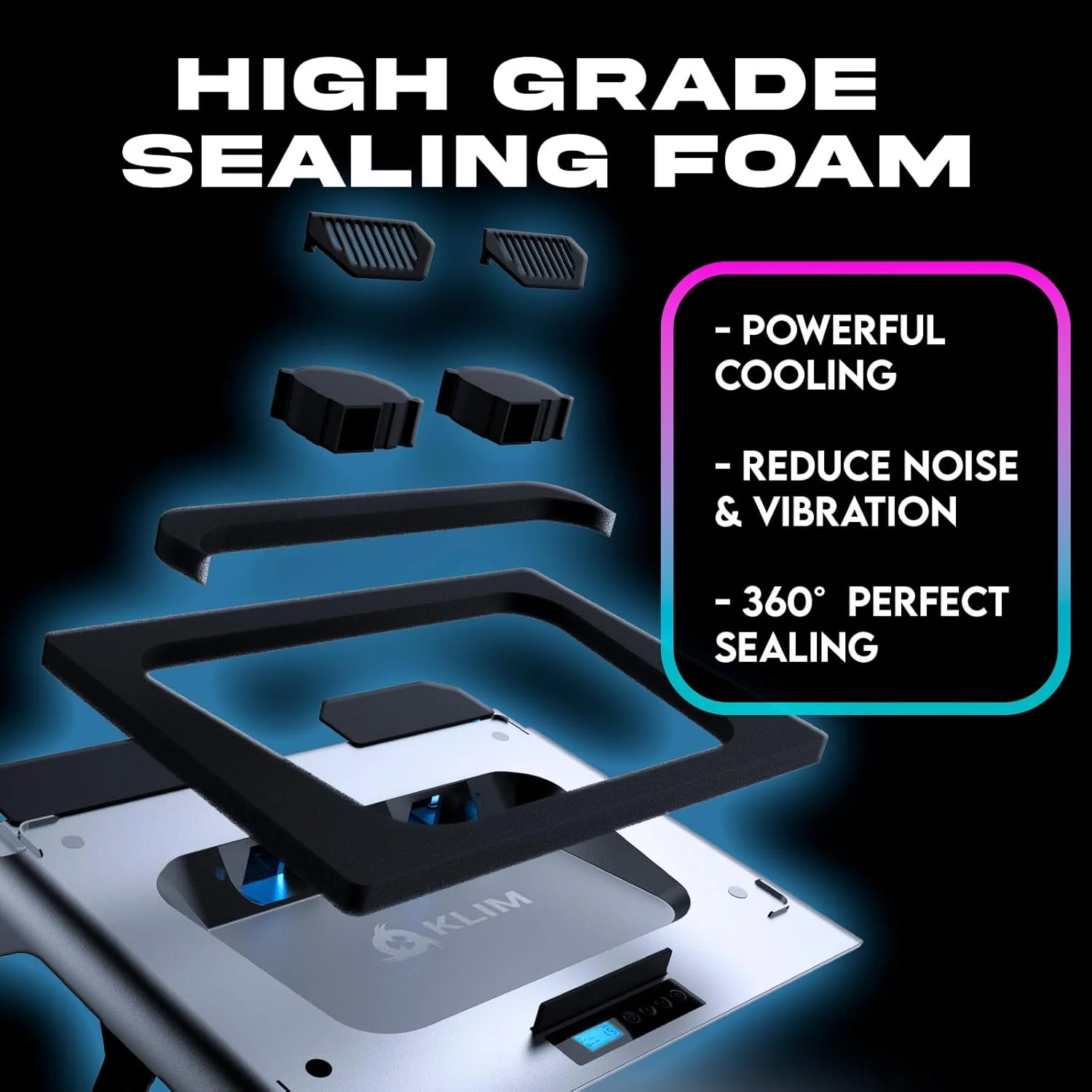 پایه خنک کننده لپ تاپ KLIM Everest | فن های توربو قدرتمند 4300 دور در دقیقه | فوم مهر و موم شده برای حداکثر خنک کننده | از گرم شدن بیش از حد لپ تاپ گیمینگ خود محافظت کنید | مناسب برای لپ تاپ های 14 تا 17.3 اینچی | نورهای RGB