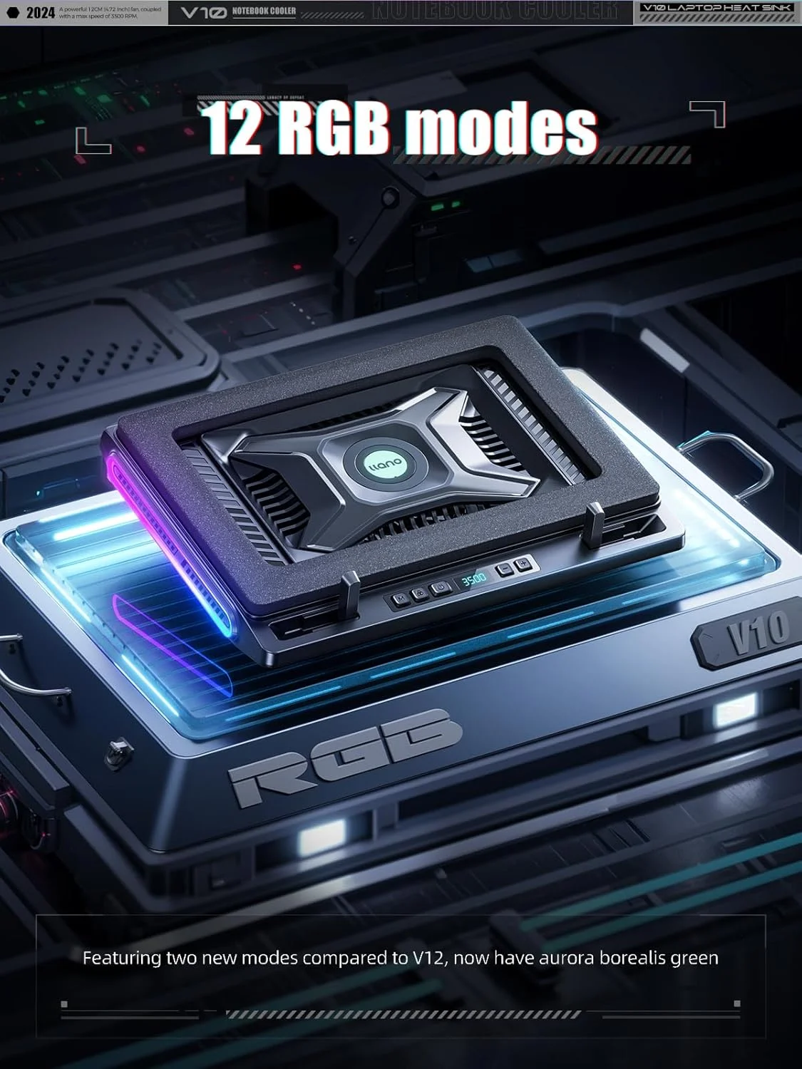 خنک کننده لپ تاپ گیمینگ llano V10، پد خنک کننده لپ تاپ RGB با فن خنک کننده توربو خارجی قدرتمند 4.72 اینچی، خنک کننده سریع کامپیوتر 13-17.3 اینچی، کنترل دکمه ای، پایه 3 حالته قابل تنظیم، USB 4 پورت (مشکی)