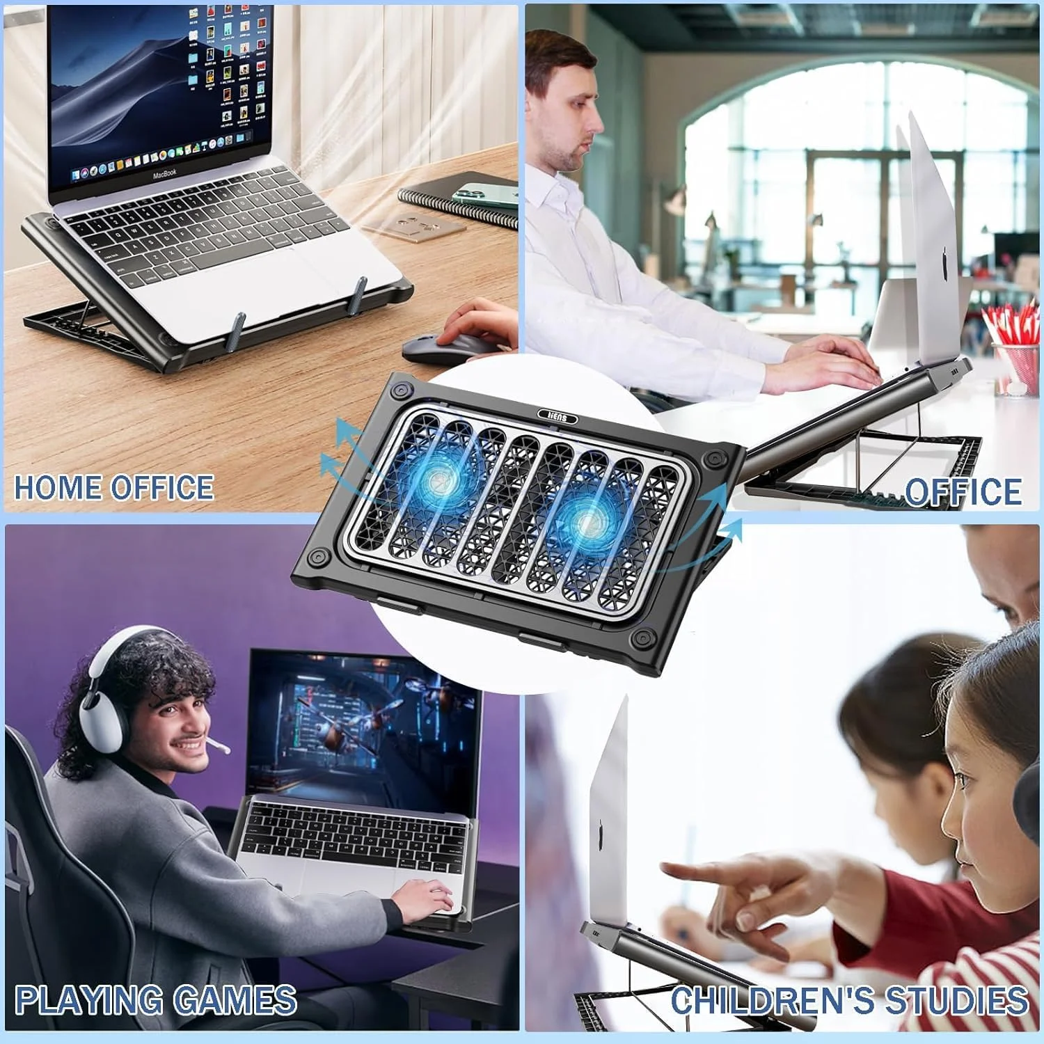 پایه خنک کننده لپ تاپ، فن خنک کننده لپ تاپ برای لپ تاپ های 12 تا 15.6 اینچی، 2 فن بی صدا، پایه خنک کننده لپ تاپ با قابلیت تنظیم 7 زاویه