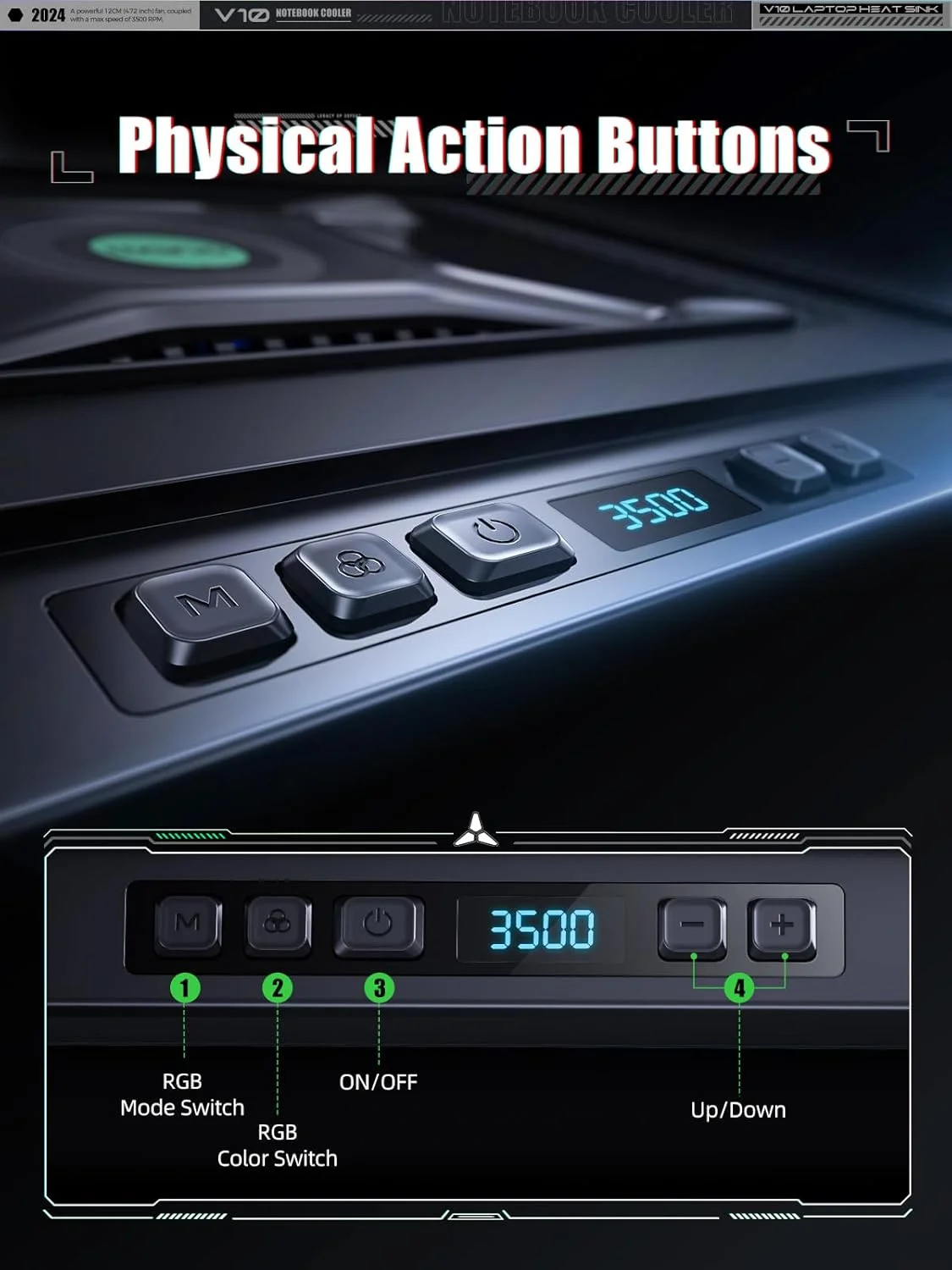 خنک کننده لپ تاپ گیمینگ llano V10، پد خنک کننده لپ تاپ RGB با فن خنک کننده توربو خارجی قدرتمند 4.72 اینچی، خنک کننده سریع کامپیوتر 13-17.3 اینچی، کنترل دکمه ای، پایه 3 حالته قابل تنظیم، USB 4 پورت (مشکی)