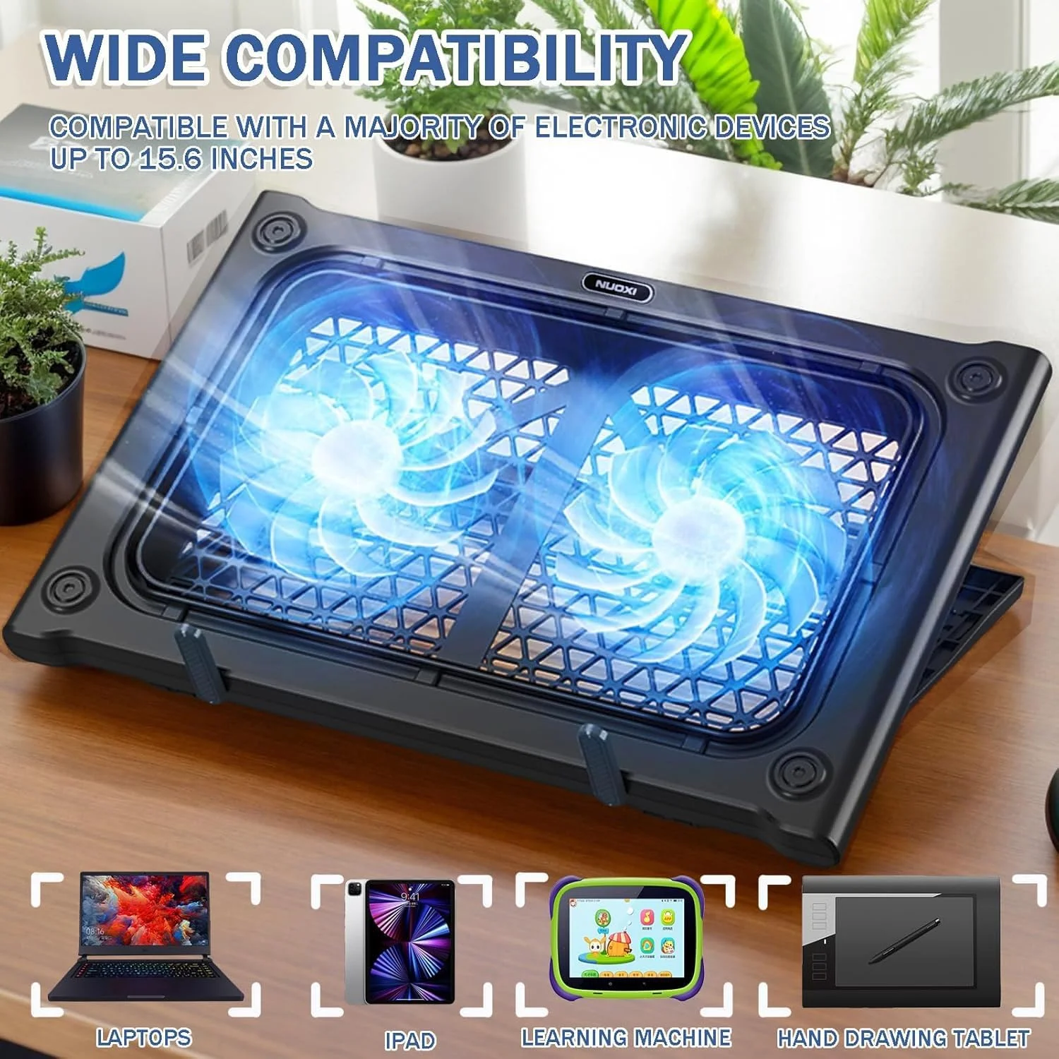 پایه خنک کننده لپ تاپ، فن خنک کننده لپ تاپ برای لپ تاپ های 12 تا 15.6 اینچی، 2 فن بی صدا، پایه خنک کننده لپ تاپ با قابلیت تنظیم 7 زاویه