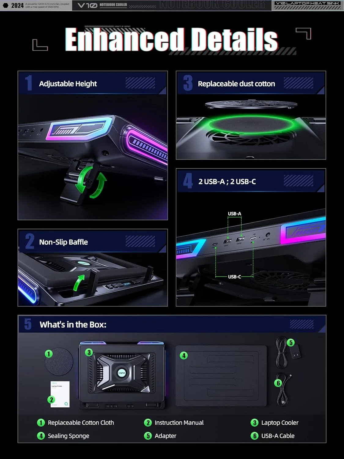 خنک کننده لپ تاپ گیمینگ llano V10، پد خنک کننده لپ تاپ RGB با فن خنک کننده توربو خارجی قدرتمند 4.72 اینچی، خنک کننده سریع کامپیوتر 13-17.3 اینچی، کنترل دکمه ای، پایه 3 حالته قابل تنظیم، USB 4 پورت (مشکی)