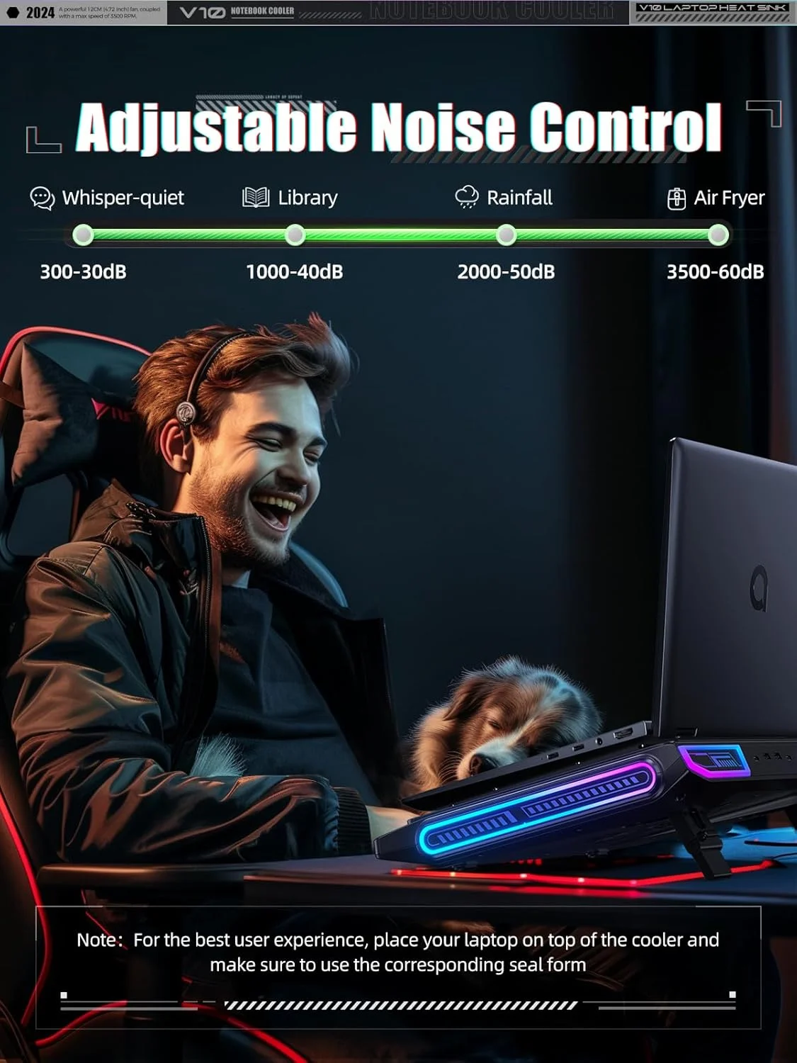 خنک کننده لپ تاپ گیمینگ llano V10، پد خنک کننده لپ تاپ RGB با فن خنک کننده توربو خارجی قدرتمند 4.72 اینچی، خنک کننده سریع کامپیوتر 13-17.3 اینچی، کنترل دکمه ای، پایه 3 حالته قابل تنظیم، USB 4 پورت (مشکی)