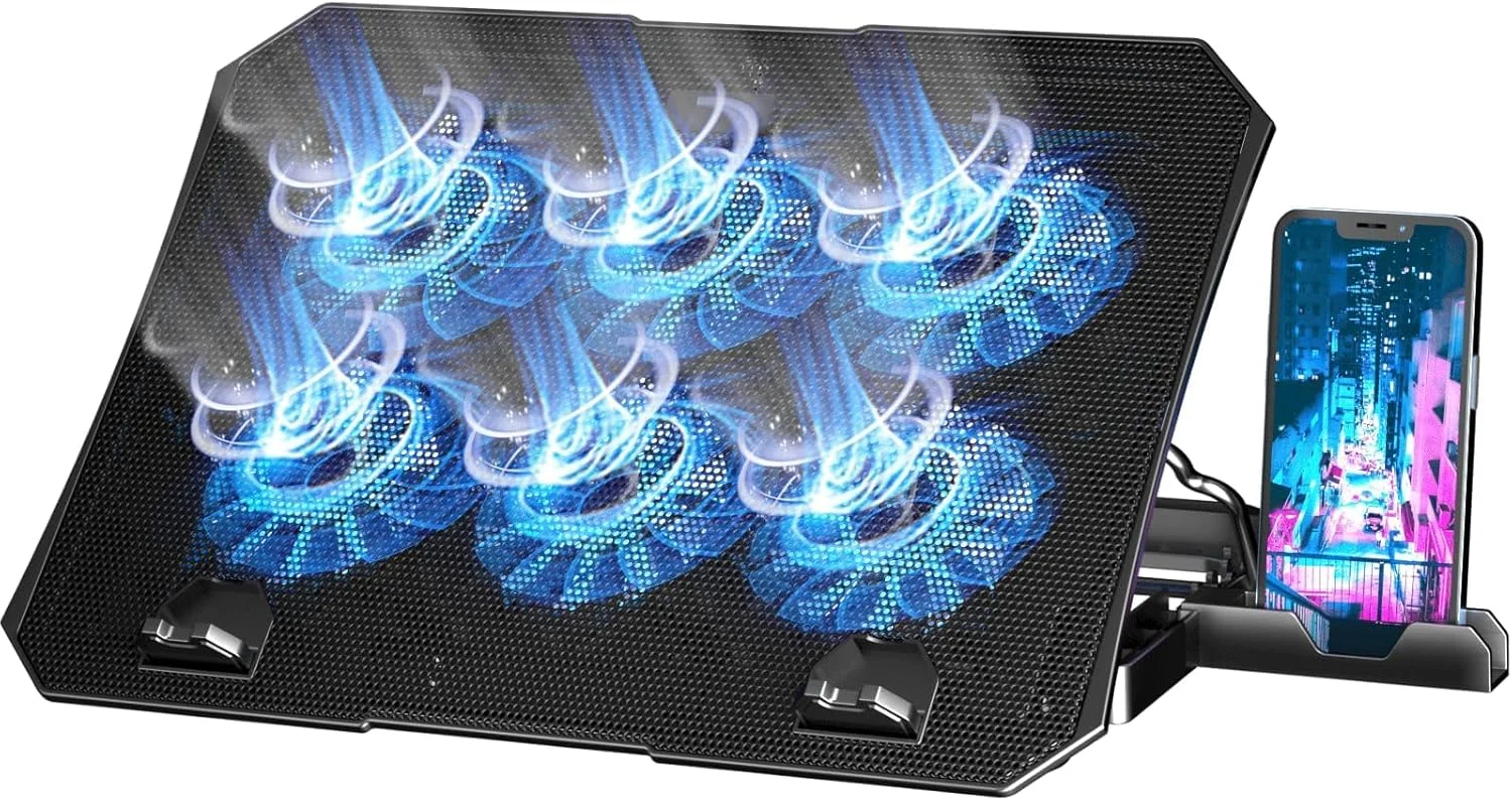 پایه خنک کننده لپ تاپ ViBon با 6 فن ارتقا یافته - 24dB فوق العاده بی صدا، 6 سرعت LED آبی، پورت های USB دوگانه و پایه ارگونومیک برای لپ تاپ های گیمینگ 12-15.6 اینچی، دفع حرارت توری فلزی