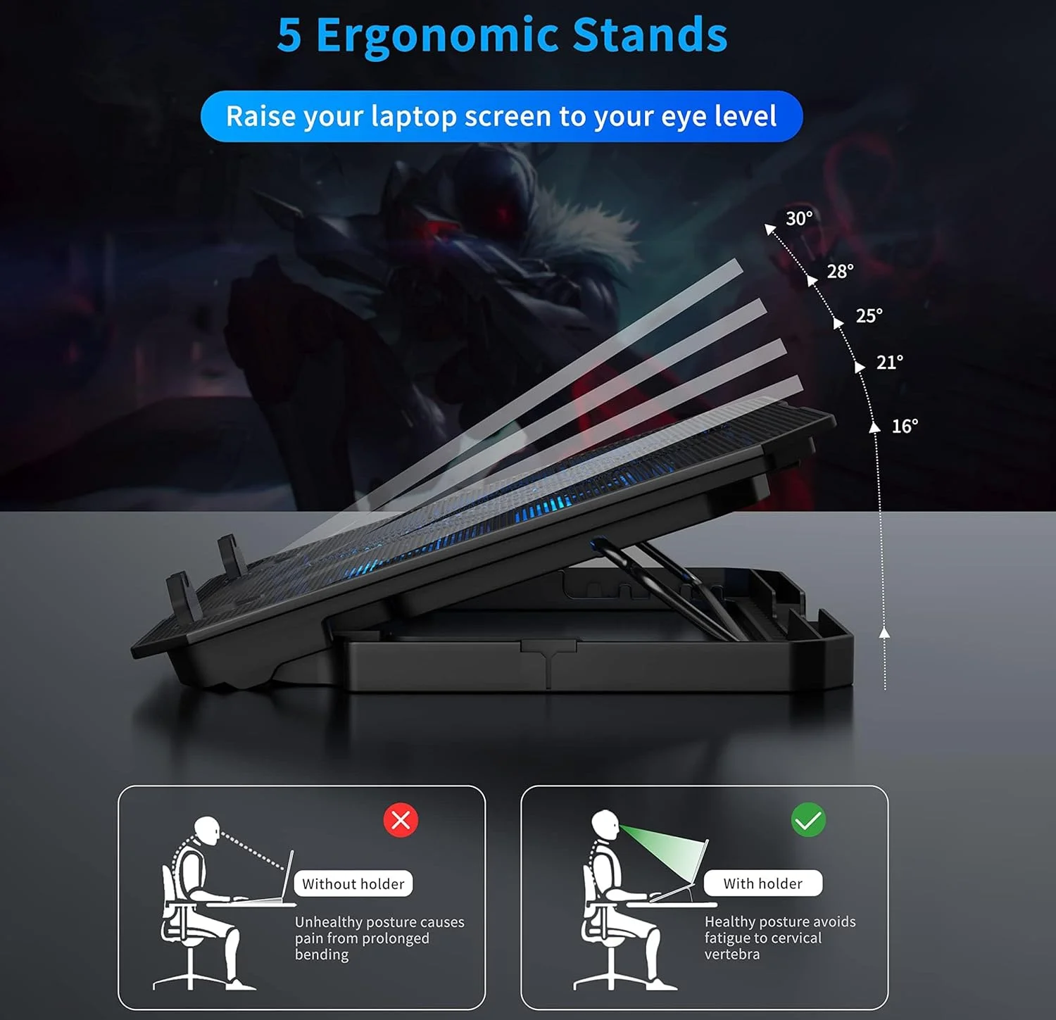 پایه خنک کننده لپ تاپ ViBon با 6 فن ارتقا یافته - 24dB فوق العاده بی صدا، 6 سرعت LED آبی، پورت های USB دوگانه و پایه ارگونومیک برای لپ تاپ های گیمینگ 12-15.6 اینچی، دفع حرارت توری فلزی