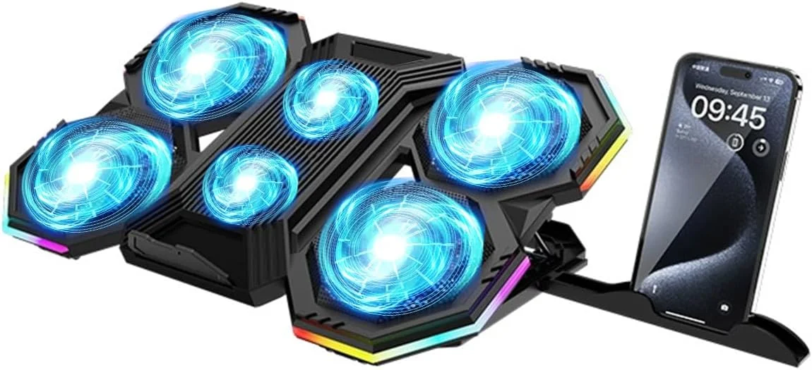 پایه خنک کننده لپ تاپ MOZZARE، کولر لپ تاپ با نور RGB برای لپ تاپ های 12 تا 17.3 اینچی، پایه خنک کننده لپ تاپ گیمینگ 6 فن بی صدا با 6 پایه ارتفاع و 2 پورت USB و پایه تلفن