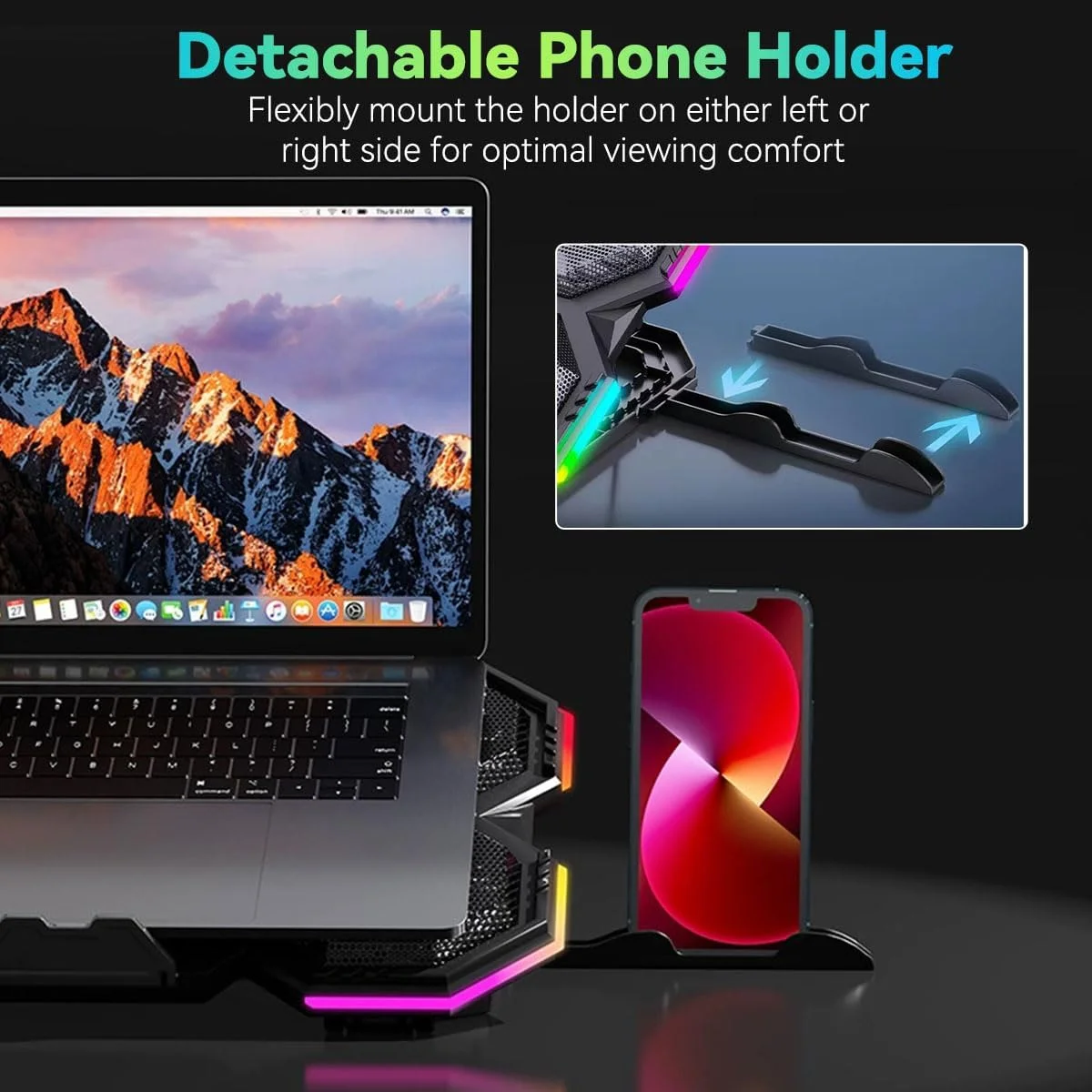 پایه خنک کننده لپ تاپ MOZZARE، کولر لپ تاپ با نور RGB برای لپ تاپ های 12 تا 17.3 اینچی، پایه خنک کننده لپ تاپ گیمینگ 6 فن بی صدا با 6 پایه ارتفاع و 2 پورت USB و پایه تلفن پایه خنک کننده لپ تاپ MOZZARE، کولر لپ تاپ با نور RGB برای لپ تاپ های 12 تا 17.3 اینچی، پایه خنک کننده لپ تاپ گیمینگ 6 فن بی صدا با 6 پایه ارتفاع و 2 پورت USB و پایه تلفن