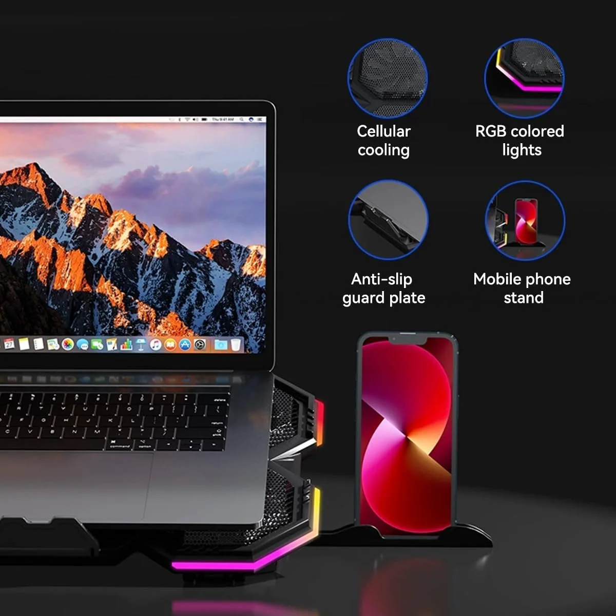 پایه خنک کننده لپ تاپ MOZZARE، کولر لپ تاپ با نور RGB برای لپ تاپ های 12 تا 17.3 اینچی، پایه خنک کننده لپ تاپ گیمینگ 6 فن بی صدا با 6 پایه ارتفاع و 2 پورت USB و پایه تلفن پایه خنک کننده لپ تاپ MOZZARE، کولر لپ تاپ با نور RGB برای لپ تاپ های 12 تا 17.3 اینچی، پایه خنک کننده لپ تاپ گیمینگ 6 فن بی صدا با 6 پایه ارتفاع و 2 پورت USB و پایه تلفن