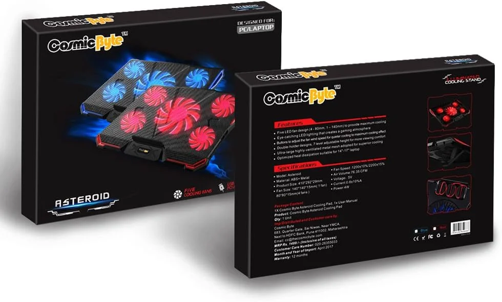 پایه خنک کننده لپ تاپ Cosmic Byte Asteroid، ارتفاع قابل تنظیم، طراحی 5 فن، نور LED، پورت های USB، پشتیبانی از لپ تاپ های تا 17 اینچ (آبی) پایه خنک کننده لپ تاپ Cosmic Byte Asteroid، ارتفاع قابل تنظیم، طراحی 5 فن، نور LED، پورت های USB، پشتیبانی از لپ تاپ های تا 17 اینچ (آبی)