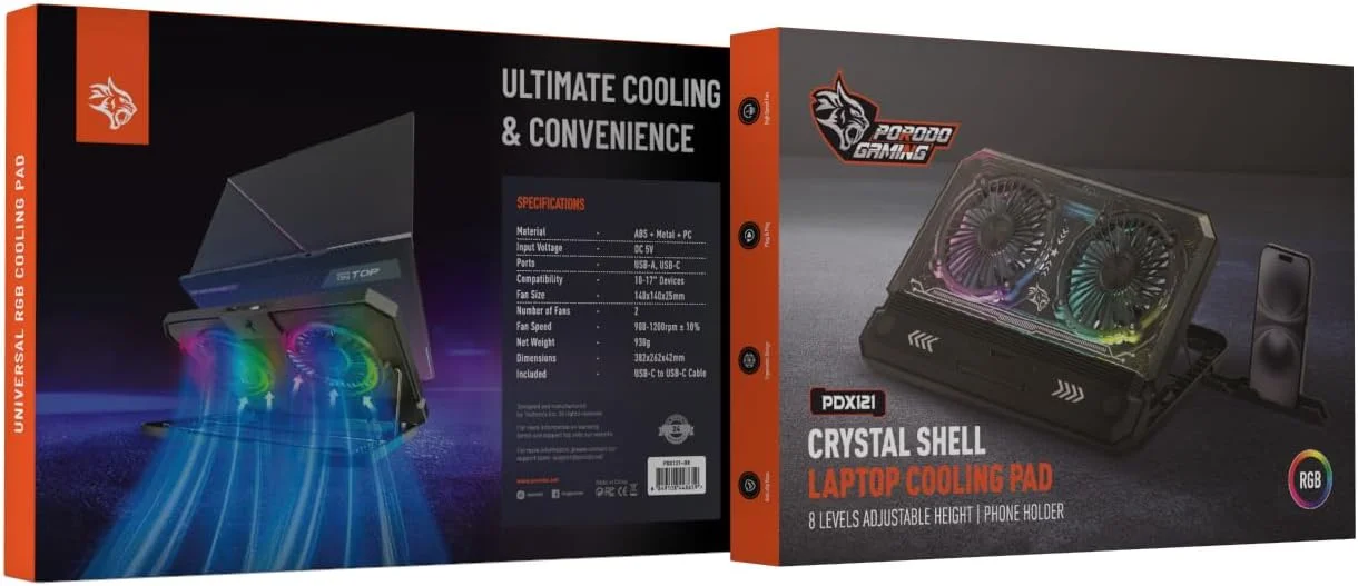 پد خنک کننده لپ تاپ گیمینگ Porodo مدل Crystal Shell با نگهدارنده تلفن، دو فن پرسرعت، ارتفاع قابل تنظیم 8 سطح، نورپردازی RGB، پایه ضد لغزش، پورت های USB-A و USB-C، سازگار با لپ تاپ های 10-17 اینچی پد خنک کننده لپ تاپ گیمینگ Porodo مدل Crystal Shell با نگهدارنده تلفن، دو فن پرسرعت، ارتفاع قابل تنظیم 8 سطح، نورپردازی RGB، پایه ضد لغزش، پورت های USB-A و USB-C، سازگار با لپ تاپ های 10-17 اینچی