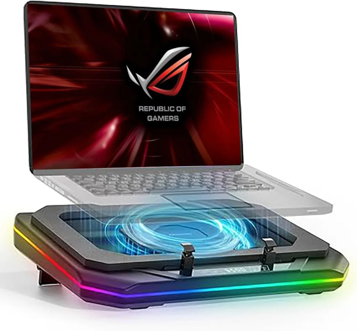 پد خنک کننده لپ تاپ گیمینگ ایسوس ROG Strix G18 با فن خنک کننده توربو قدرتمند، خنک کننده سریع CPU+GPU تا 40 درجه سانتیگراد، سرعت متغیر، 6 نور RGB