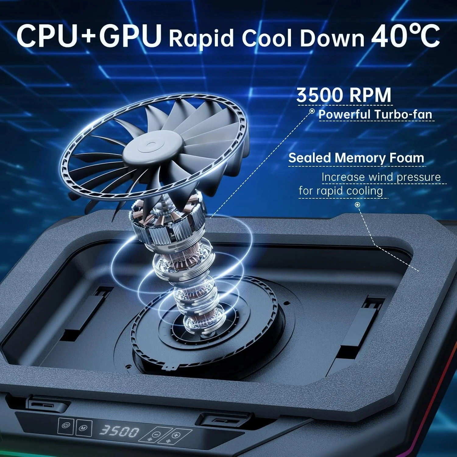 پد خنک کننده لپ تاپ گیمینگ ایسوس ROG Strix G18 با فن خنک کننده توربو قدرتمند، خنک کننده سریع CPU+GPU تا 40 درجه سانتیگراد، سرعت متغیر، 6 نور RGB پد خنک کننده لپ تاپ گیمینگ ایسوس ROG Strix G18 با فن خنک کننده توربو قدرتمند، خنک کننده سریع CPU+GPU تا 40 درجه سانتیگراد، سرعت متغیر، 6 نور RGB