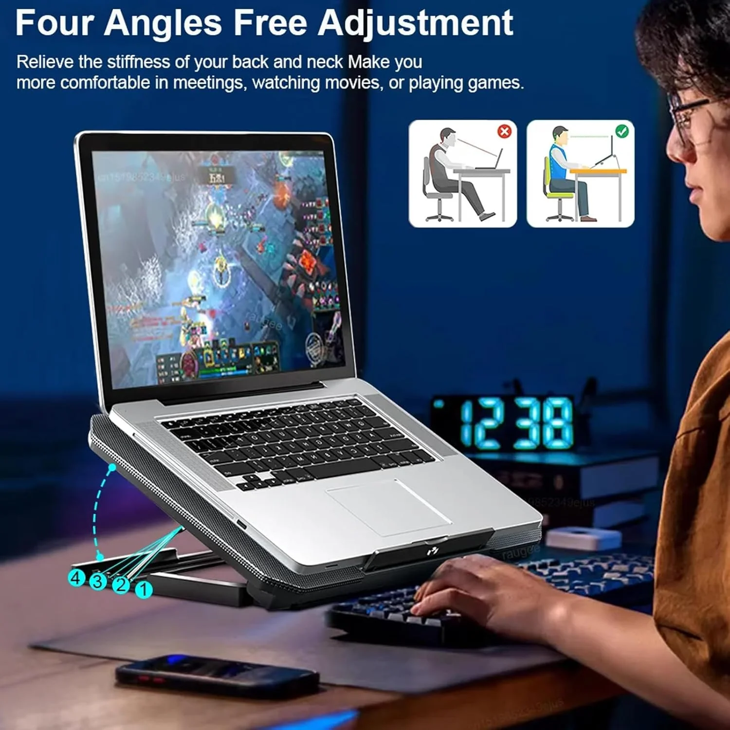 پایه خنک کننده لپ تاپ Moninsta با 2 فن LED بی صدا برای لپ تاپ های 12-17 اینچی، کولر لپ تاپ گیمینگ فوق العاده باریک قابل حمل با USB، عملکرد کنترل سرعت فن