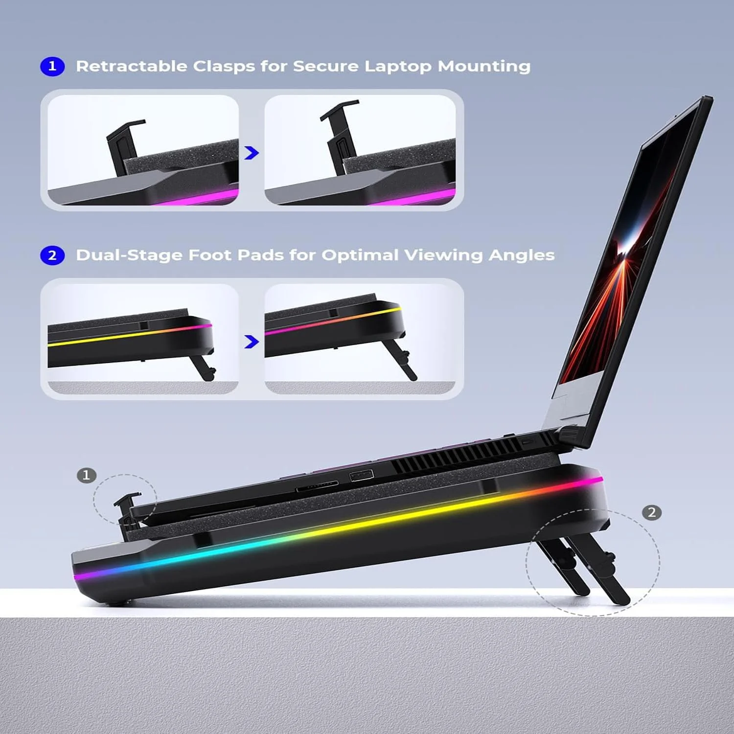پد خنک کننده لپ تاپ گیمینگ ایسوس ROG Strix G18 با فن خنک کننده توربو قدرتمند، خنک کننده سریع CPU+GPU تا 40 درجه سانتیگراد، سرعت متغیر، 6 نور RGB پد خنک کننده لپ تاپ گیمینگ ایسوس ROG Strix G18 با فن خنک کننده توربو قدرتمند، خنک کننده سریع CPU+GPU تا 40 درجه سانتیگراد، سرعت متغیر، 6 نور RGB