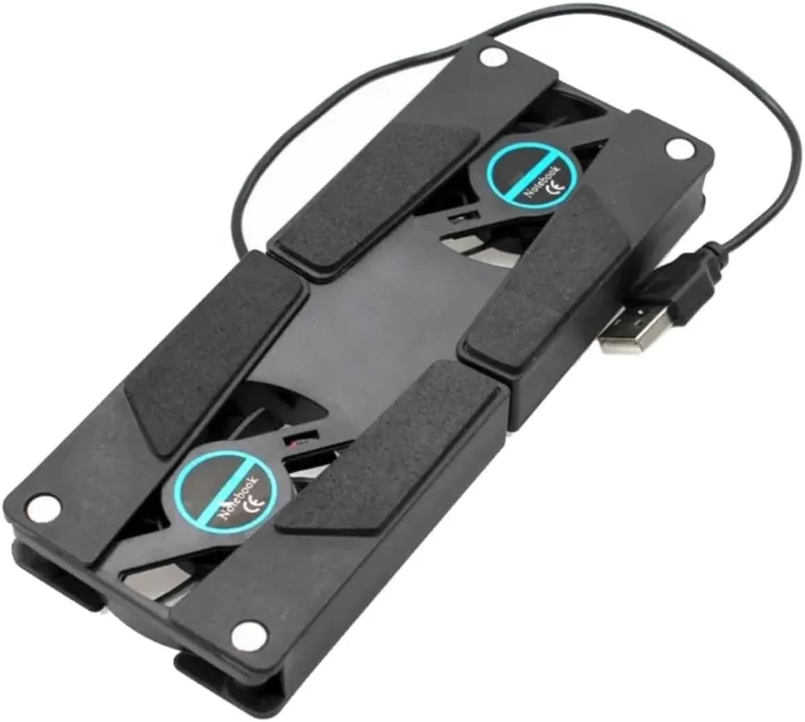 پایه خنک کننده لپ تاپ USB با دو فن، پایه تاشو، خنک کننده قابل حمل نوت بوک، مشکی