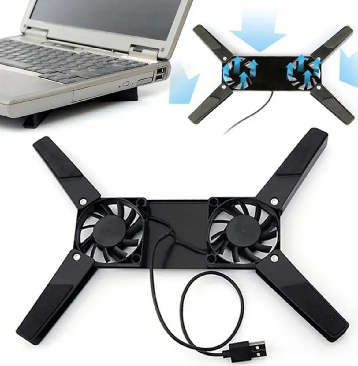 پایه خنک کننده لپ تاپ USB با دو فن، پایه تاشو، خنک کننده قابل حمل نوت بوک، مشکی پایه خنک کننده لپ تاپ USB با دو فن، پایه تاشو، خنک کننده قابل حمل نوت بوک، مشکی