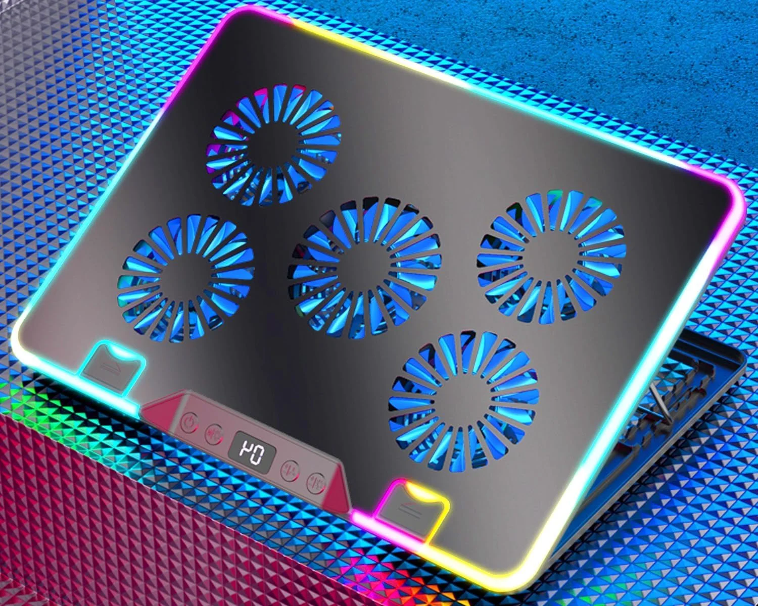 پایه خنک کننده لپ تاپ گیمینگ RGB آزون، مناسب برای لپ تاپ های 15.6، 14، 13، 12 و 10 اینچی، دارای نورپردازی مهمانی RGB، 5 فن بزرگ با سرعت قابل تنظیم، صفحه نمایش LCD جلو، دکمه های سوئیچ، پایه بلند قابل تنظیم