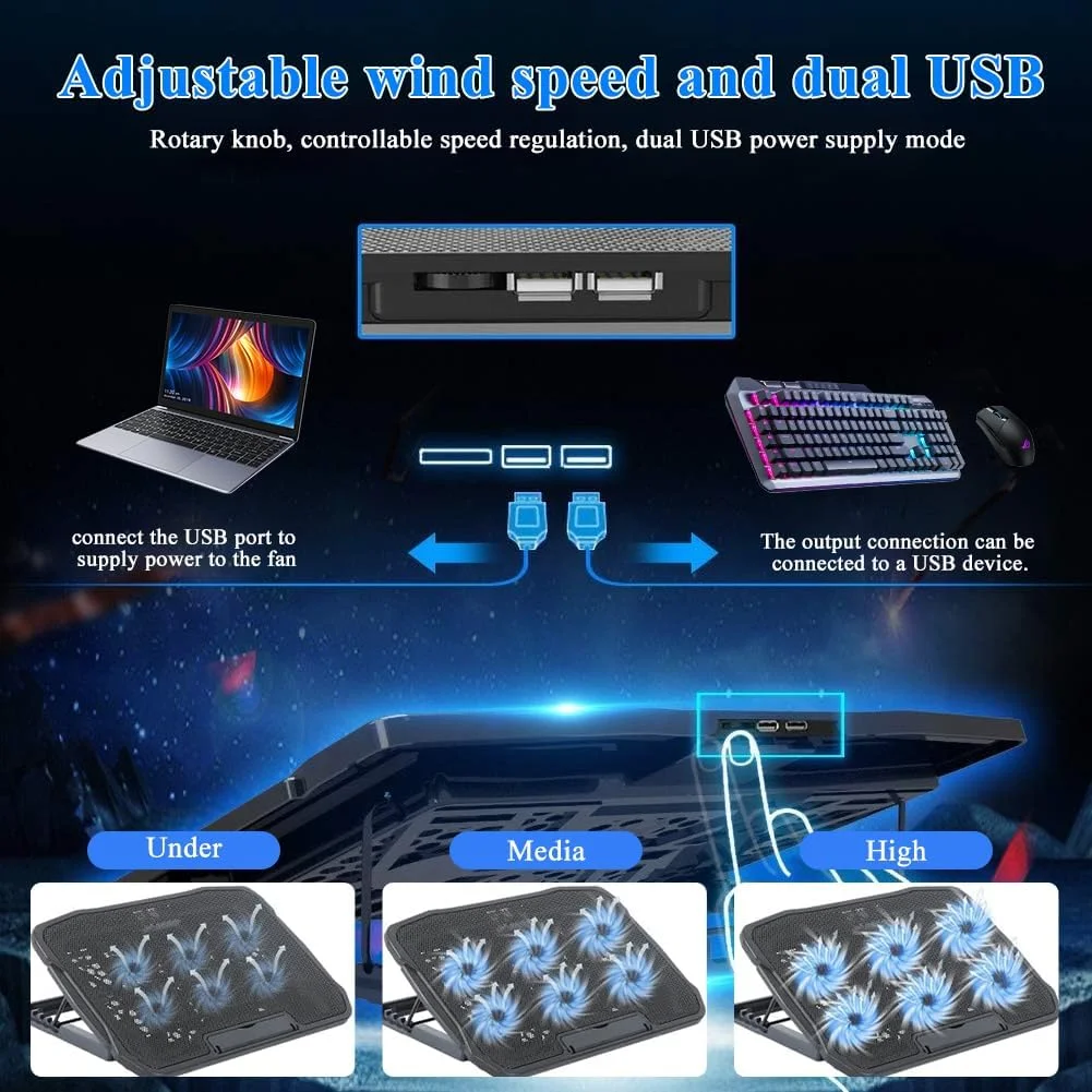 پایه خنک کننده لپ تاپ 6 فن برای لپ تاپ های 12-17 اینچی با دو پورت USB، خنک کننده گیمینگ لپ تاپ، پایه خنک کننده لپ تاپ برای کامپیوتر پایه خنک کننده لپ تاپ 6 فن برای لپ تاپ های 12-17 اینچی با دو پورت USB، خنک کننده گیمینگ لپ تاپ، پایه خنک کننده لپ تاپ برای کامپیوتر