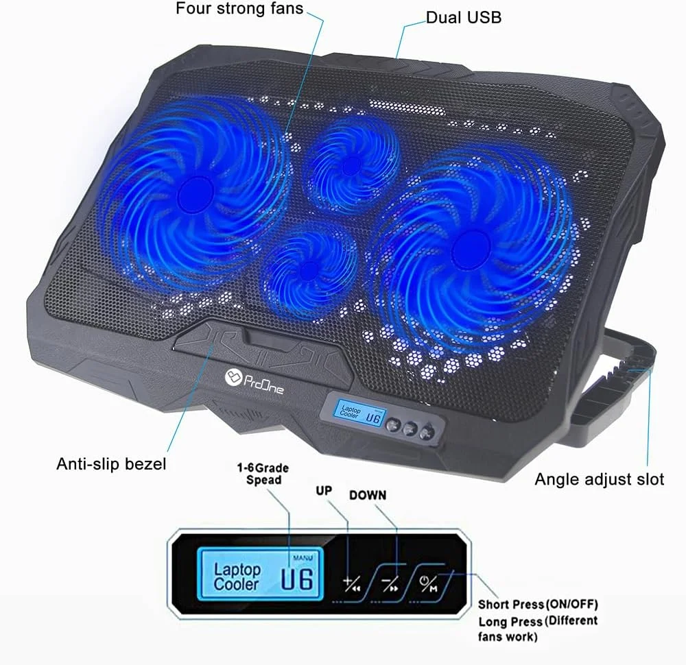 پایه خنک کننده لپ تاپ ProOne PCP52 با 4 فن – استند USB قابل تنظیم با دو پورت USB و نور LED، خنک کننده ارگونومیک و بی صدا برای لپ تاپ های 10 تا 17 اینچی (گیمینگ، کار و خانه) پایه خنک کننده لپ تاپ ProOne PCP52 با 4 فن – استند USB قابل تنظیم با دو پورت USB و نور LED، خنک کننده ارگونومیک و بی صدا برای لپ تاپ های 10 تا 17 اینچی (گیمینگ، کار و خانه)