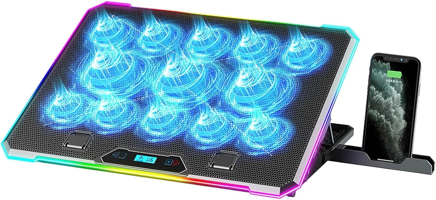 پایه خنک کننده لپ تاپ گیمینگ LTZEMOO RGB، فن خنک کننده لپ تاپ با 13 فن خنک کننده بی صدا برای لپ تاپ های 15.6-17.3 اینچی، 9 حالت ارتفاع، چراغ های LED و صفحه نمایش LCD، 2 پورت USB، قابل استفاده روی پا