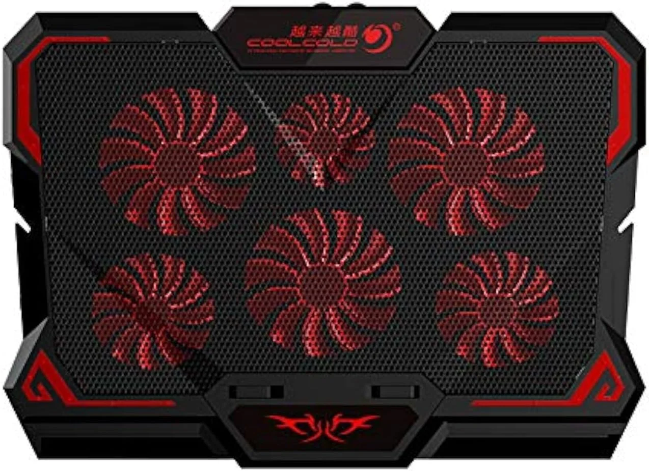 خنک کننده لپ تاپ KATGROCHIR، پد خنک کننده لپ تاپ با 6 فن خنک کننده/ 2 پورت USB/ نور LED قرمز/ 5 سطح سرعت، پایه خنک کننده لپ تاپ با ارتفاع قابل تنظیم برای لپ تاپ های 13 تا 17 اینچی