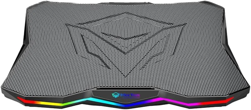 پد خنک کننده لپ تاپ گیمینگ MEETION سایز 9-17.3 اینچ، فن های XXXL، 2 پورت USB، نورپردازی RGB LED مدل CP4040، خنک کننده سریع و سبک وزن، توری آلیاژ آلومینیوم با پایه قابل تنظیم 45 درجه (مشکی)