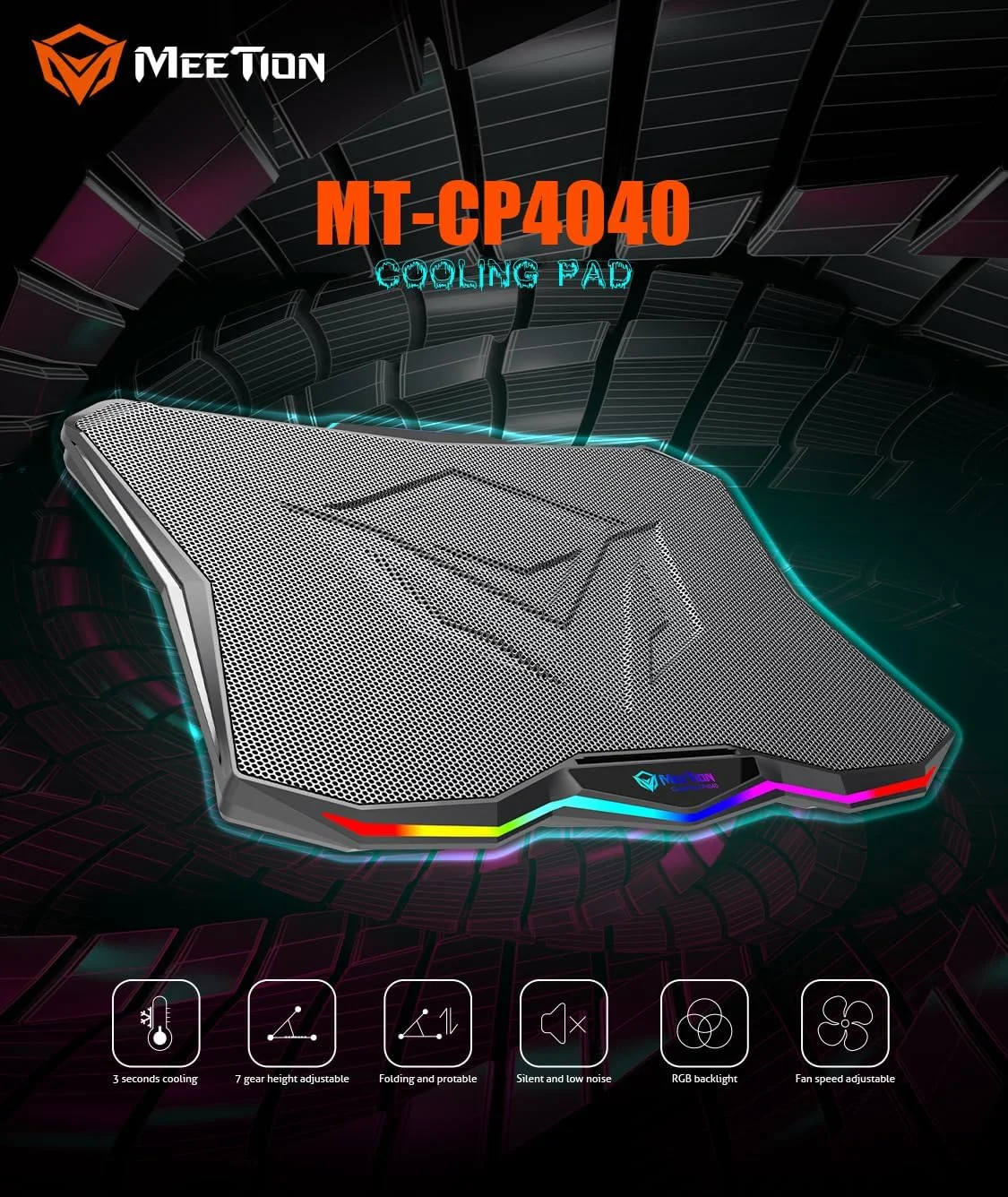 پد خنک کننده لپ تاپ گیمینگ MEETION سایز 9-17.3 اینچ، فن های XXXL، 2 پورت USB، نورپردازی RGB LED مدل CP4040، خنک کننده سریع و سبک وزن، توری آلیاژ آلومینیوم با پایه قابل تنظیم 45 درجه (مشکی) پد خنک کننده لپ تاپ گیمینگ MEETION سایز 9-17.3 اینچ، فن های XXXL، 2 پورت USB، نورپردازی RGB LED مدل CP4040، خنک کننده سریع و سبک وزن، توری آلیاژ آلومینیوم با پایه قابل تنظیم 45 درجه (مشکی)