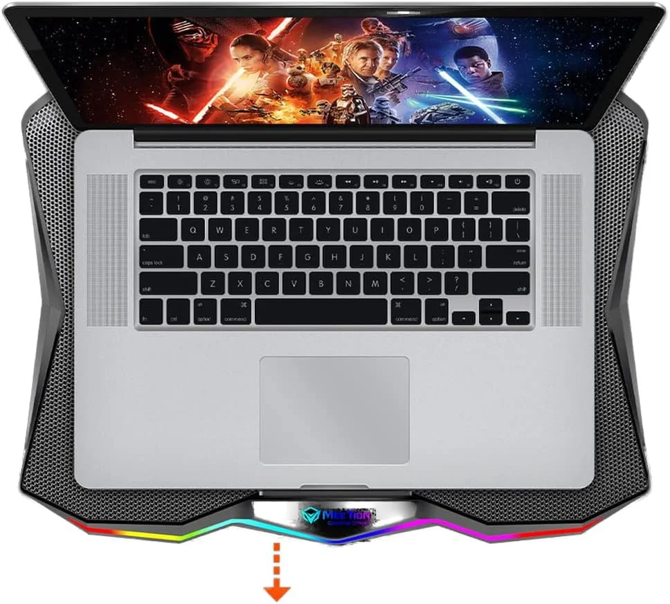 پد خنک کننده لپ تاپ گیمینگ MEETION سایز 9-17.3 اینچ، فن های XXXL، 2 پورت USB، نورپردازی RGB LED مدل CP4040، خنک کننده سریع و سبک وزن، توری آلیاژ آلومینیوم با پایه قابل تنظیم 45 درجه (مشکی) پد خنک کننده لپ تاپ گیمینگ MEETION سایز 9-17.3 اینچ، فن های XXXL، 2 پورت USB، نورپردازی RGB LED مدل CP4040، خنک کننده سریع و سبک وزن، توری آلیاژ آلومینیوم با پایه قابل تنظیم 45 درجه (مشکی)