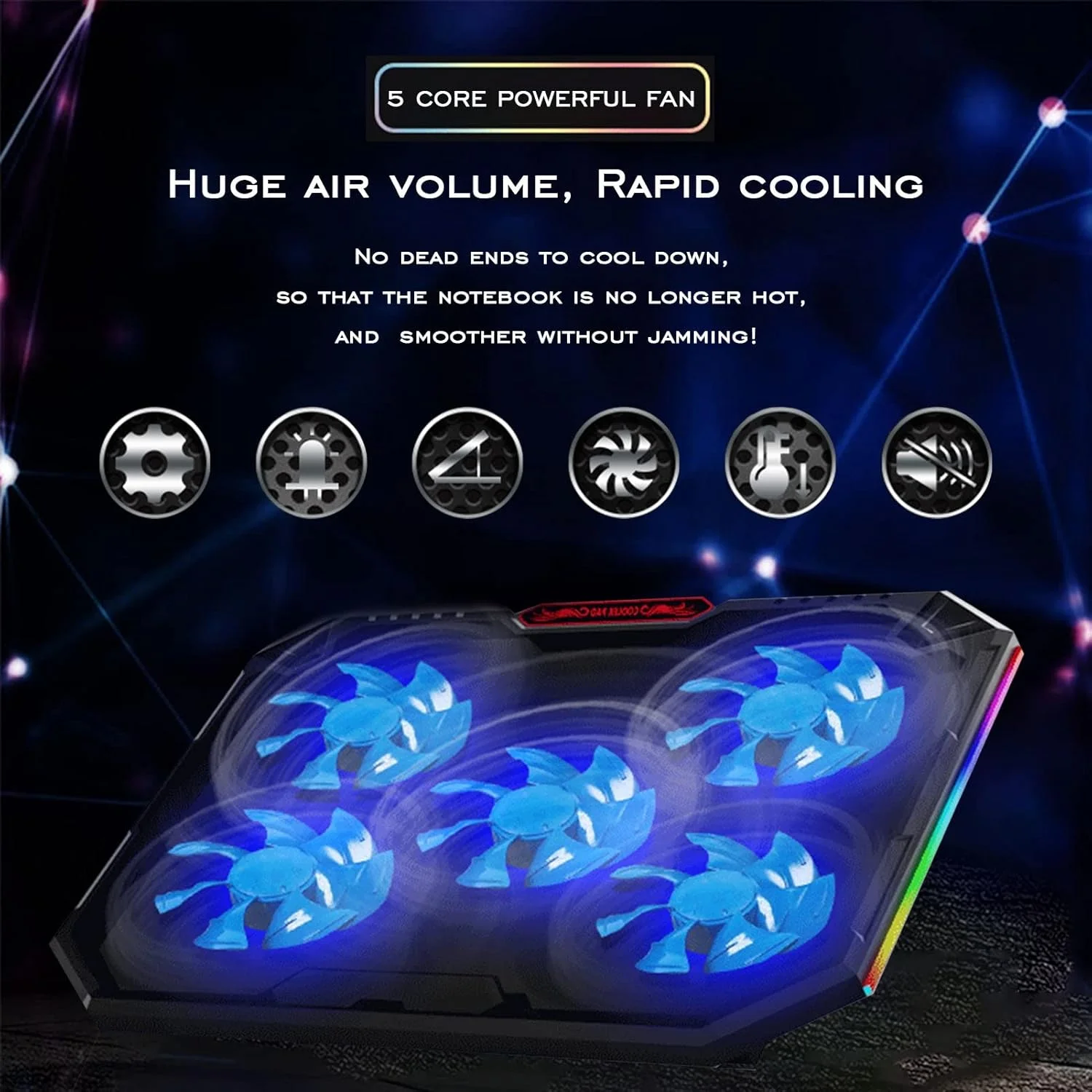 پایه خنک کننده لپ تاپ قابل حمل و بی صدا - پد خنک کننده با 12 نوع نور جانبی RGB، برای لپ تاپ های زیر 18 اینچ، تغذیه از طریق USB، ایده آل برای بازی و کار پایه خنک کننده لپ تاپ قابل حمل و بی صدا - پد خنک کننده با 12 نوع نور جانبی RGB، برای لپ تاپ های زیر 18 اینچ، تغذیه از طریق USB، ایده آل برای بازی و کار