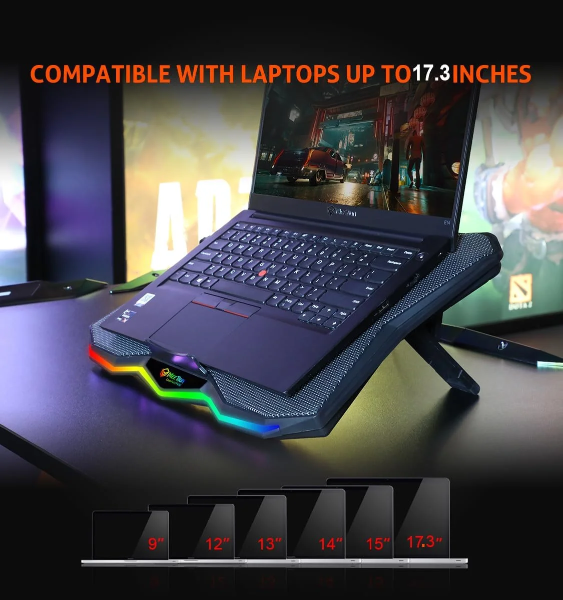 پد خنک کننده لپ تاپ گیمینگ MEETION سایز 9-17.3 اینچ، فن های XXXL، 2 پورت USB، نورپردازی RGB LED مدل CP4040، خنک کننده سریع و سبک وزن، توری آلیاژ آلومینیوم با پایه قابل تنظیم 45 درجه (مشکی) پد خنک کننده لپ تاپ گیمینگ MEETION سایز 9-17.3 اینچ، فن های XXXL، 2 پورت USB، نورپردازی RGB LED مدل CP4040، خنک کننده سریع و سبک وزن، توری آلیاژ آلومینیوم با پایه قابل تنظیم 45 درجه (مشکی)