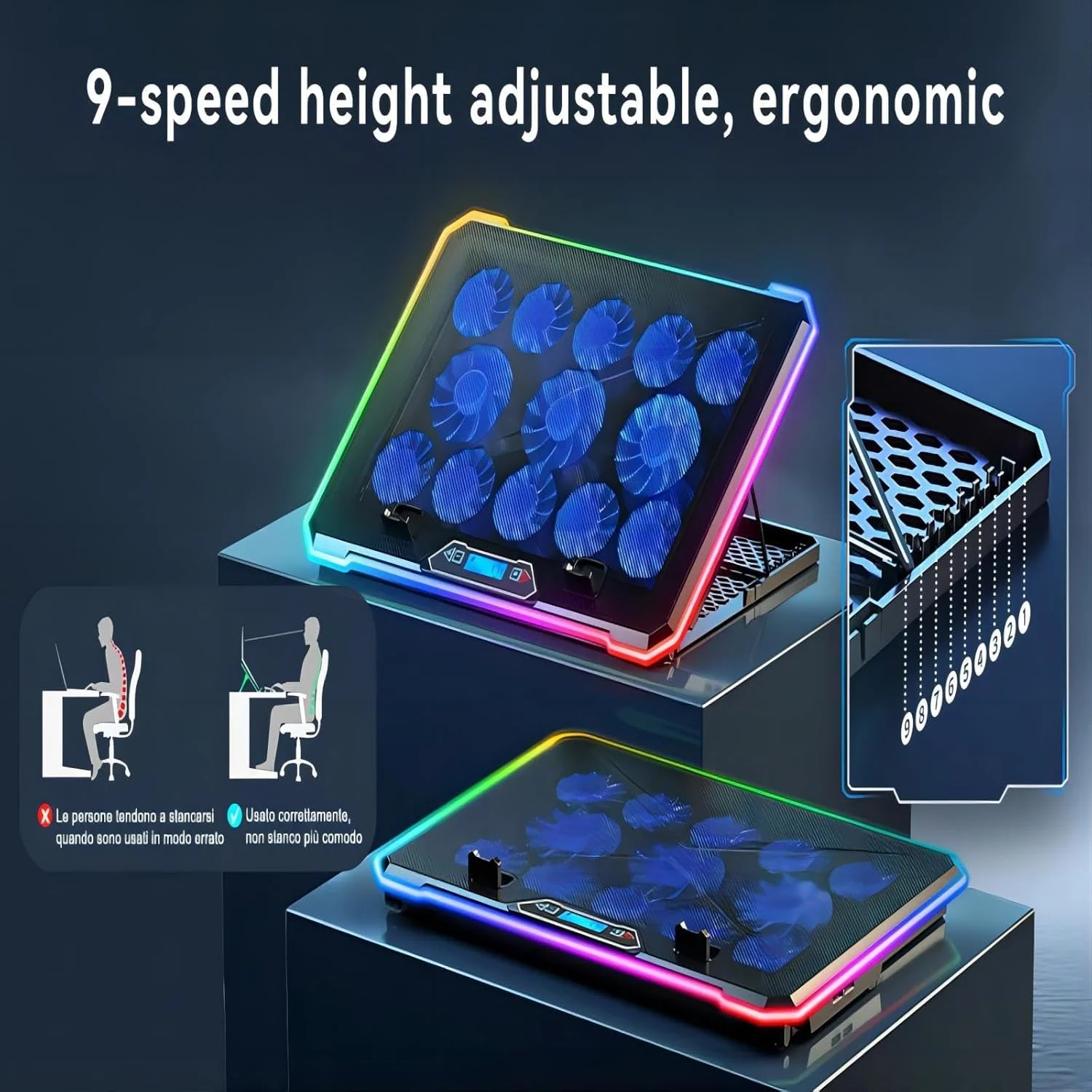 پایه خنک کننده لپ تاپ گیمینگ LTZEMOO RGB، فن خنک کننده لپ تاپ با 13 فن خنک کننده بی صدا برای لپ تاپ های 15.6-17.3 اینچی، 9 حالت ارتفاع، چراغ های LED و صفحه نمایش LCD، 2 پورت USB، قابل استفاده روی پا پایه خنک کننده لپ تاپ گیمینگ LTZEMOO RGB، فن خنک کننده لپ تاپ با 13 فن خنک کننده بی صدا برای لپ تاپ های 15.6-17.3 اینچی، 9 حالت ارتفاع، چراغ های LED و صفحه نمایش LCD، 2 پورت USB، قابل استفاده روی پا
