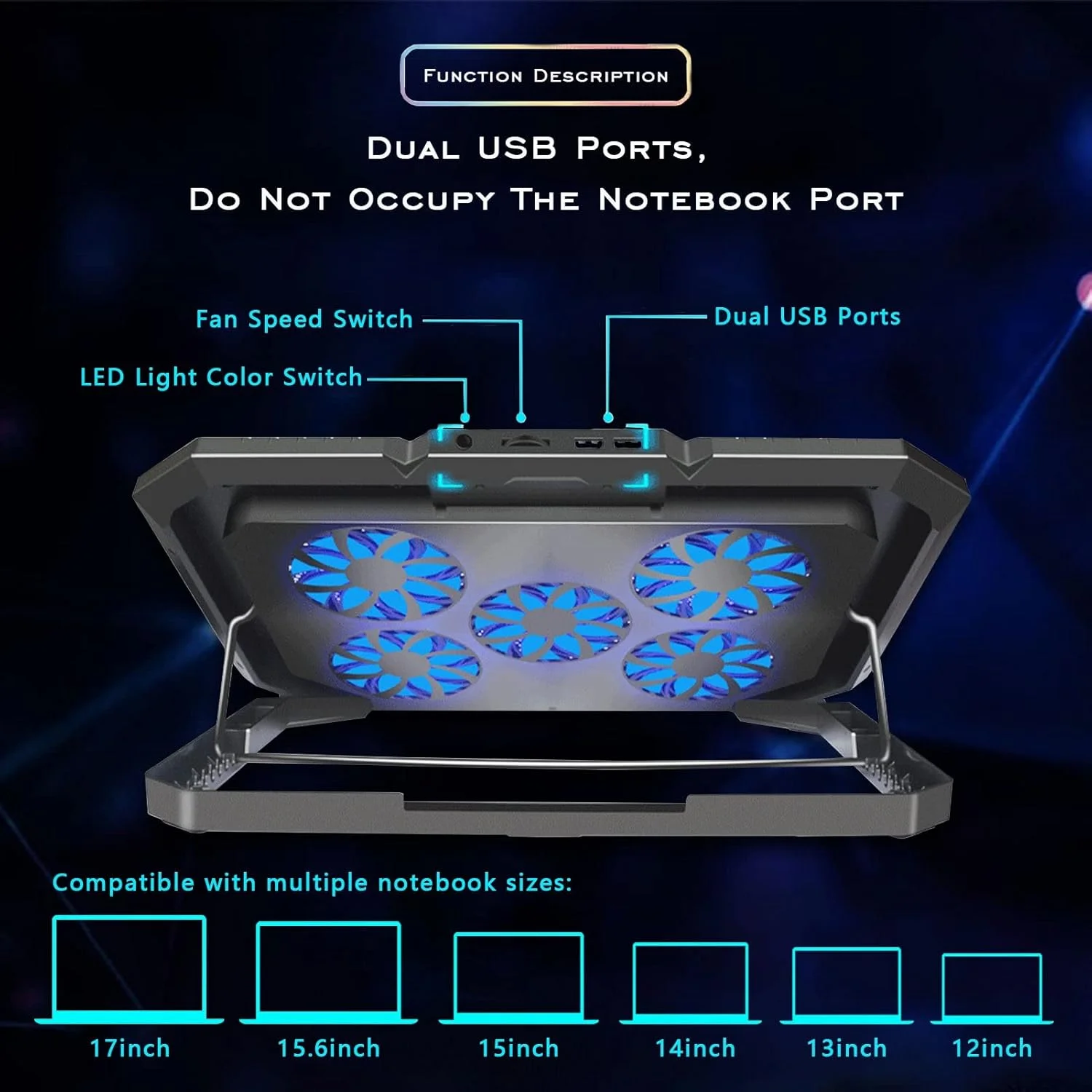 پایه خنک کننده لپ تاپ قابل حمل و بی صدا - پد خنک کننده با 12 نوع نور جانبی RGB، برای لپ تاپ های زیر 18 اینچ، تغذیه از طریق USB، ایده آل برای بازی و کار پایه خنک کننده لپ تاپ قابل حمل و بی صدا - پد خنک کننده با 12 نوع نور جانبی RGB، برای لپ تاپ های زیر 18 اینچ، تغذیه از طریق USB، ایده آل برای بازی و کار