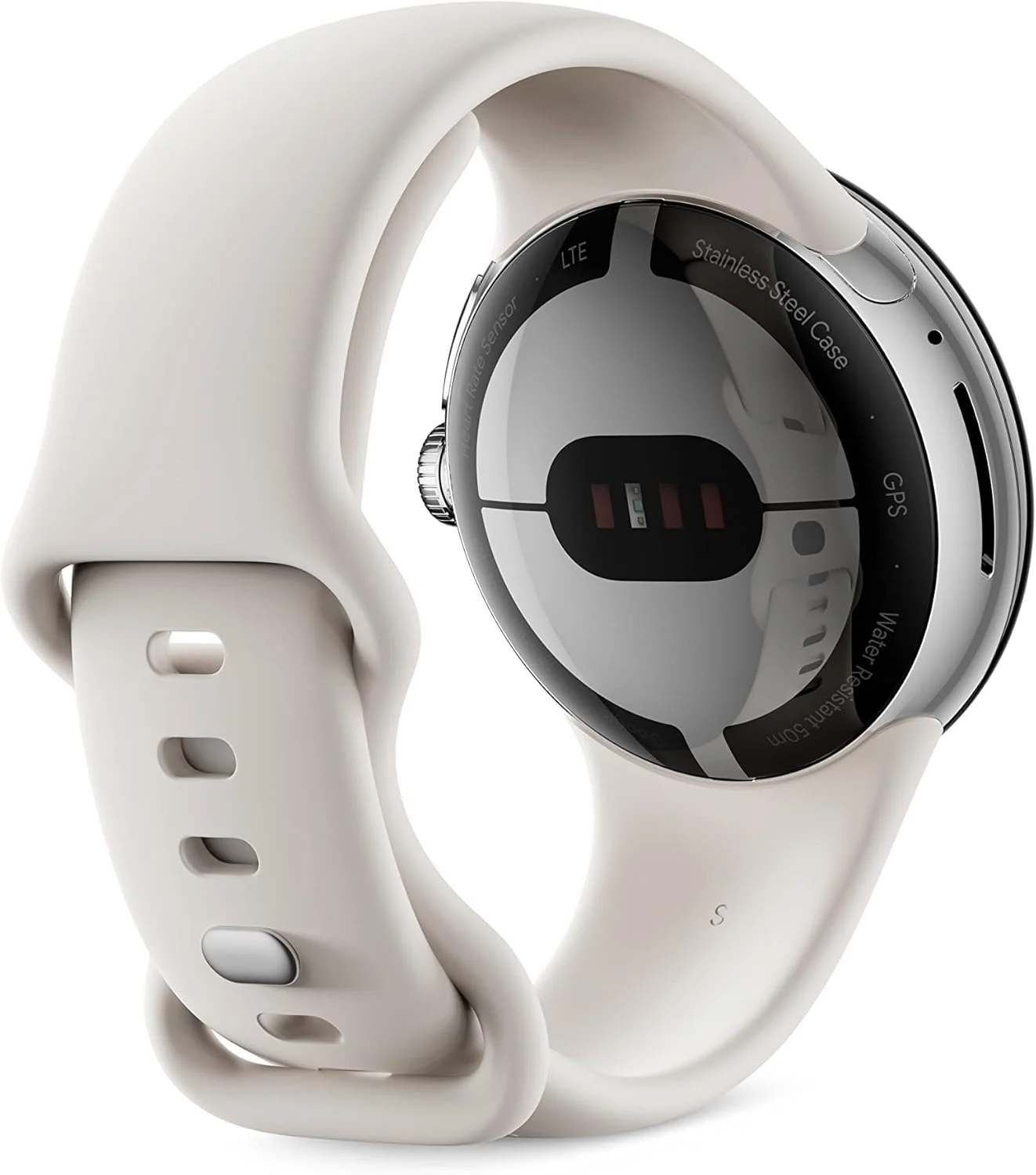 ساعت هوشمند گوگل پیکسل - ساعت هوشمند اندرویدی با قابلیت ردیابی فعالیت Fitbit - ردیابی ضربان قلب - قاب استیل ضد زنگ نقره ای براق با بند فعال گچی - WiFi