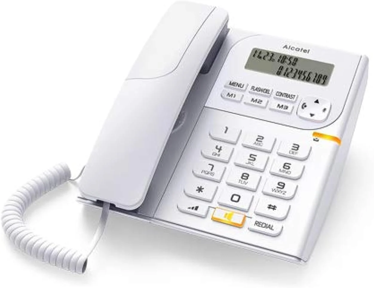 تلفن رومیزی سیم دار آلکاتل مدل T-58 با قابلیت نمایشگر شماره تماس گیرنده، بلندگو و طراحی جذاب (سفید)