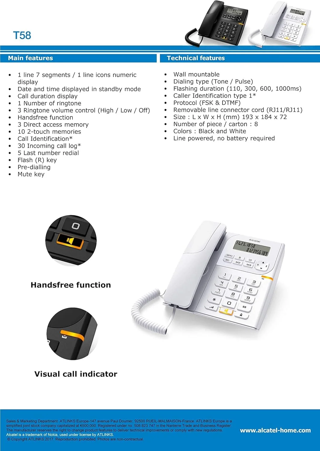تلفن رومیزی سیم دار آلکاتل مدل T-58 با قابلیت نمایشگر شماره تماس گیرنده، بلندگو و طراحی جذاب (سفید)