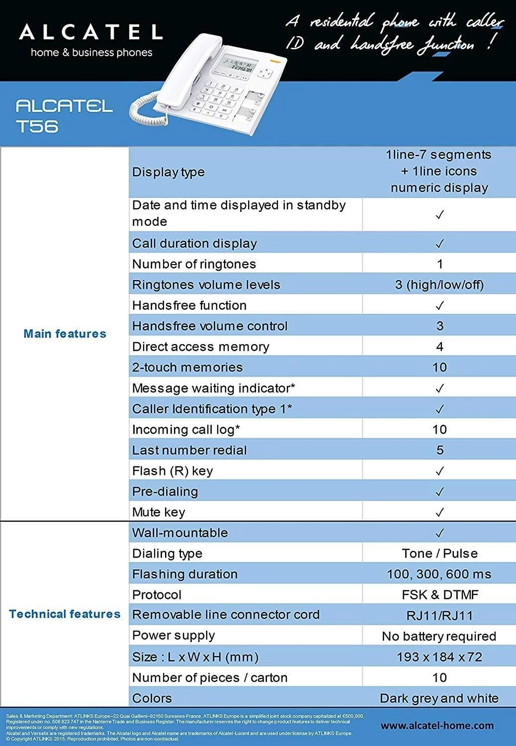 تلفن رومیزی سیم دار آلکاتل مدل T-56 سفید با قابلیت نمایشگر شماره و عملکرد هندزفری (بسته 2 عددی)