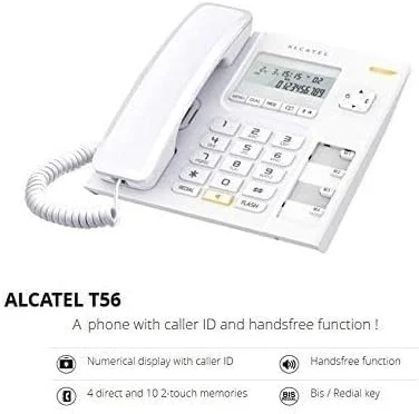 تلفن رومیزی سیم دار آلکاتل مدل T-56 سفید با قابلیت نمایشگر شماره و عملکرد هندزفری (بسته 2 عددی)