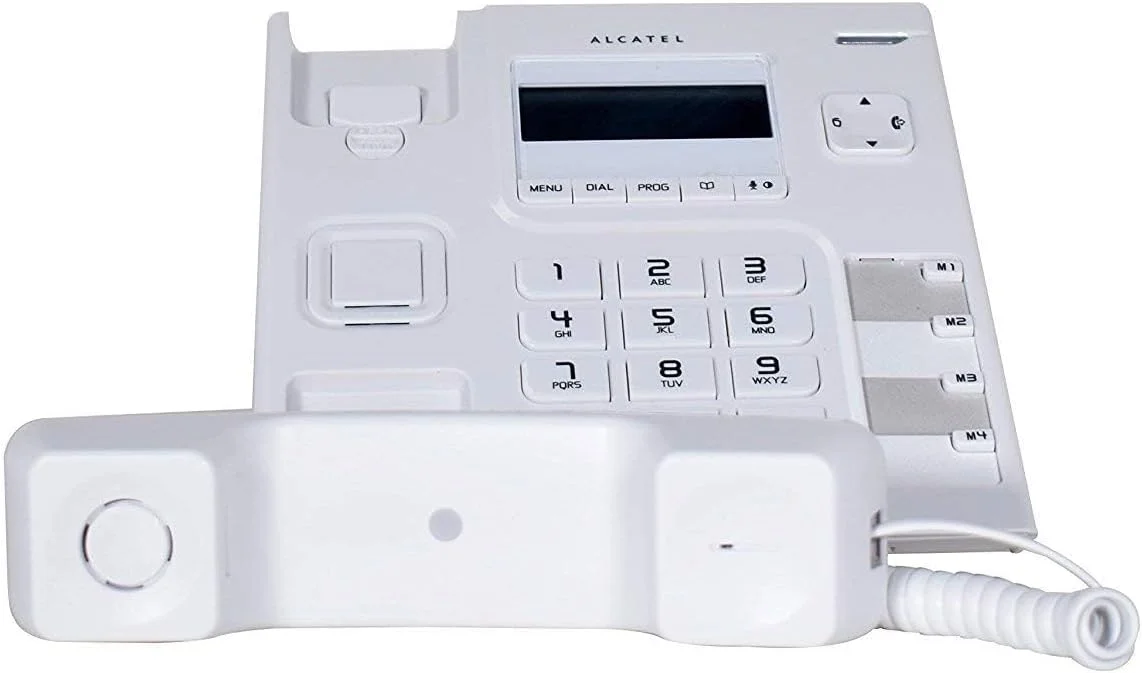 تلفن رومیزی سیم دار آلکاتل مدل T-56 سفید با قابلیت نمایشگر شماره و عملکرد هندزفری (بسته 2 عددی)