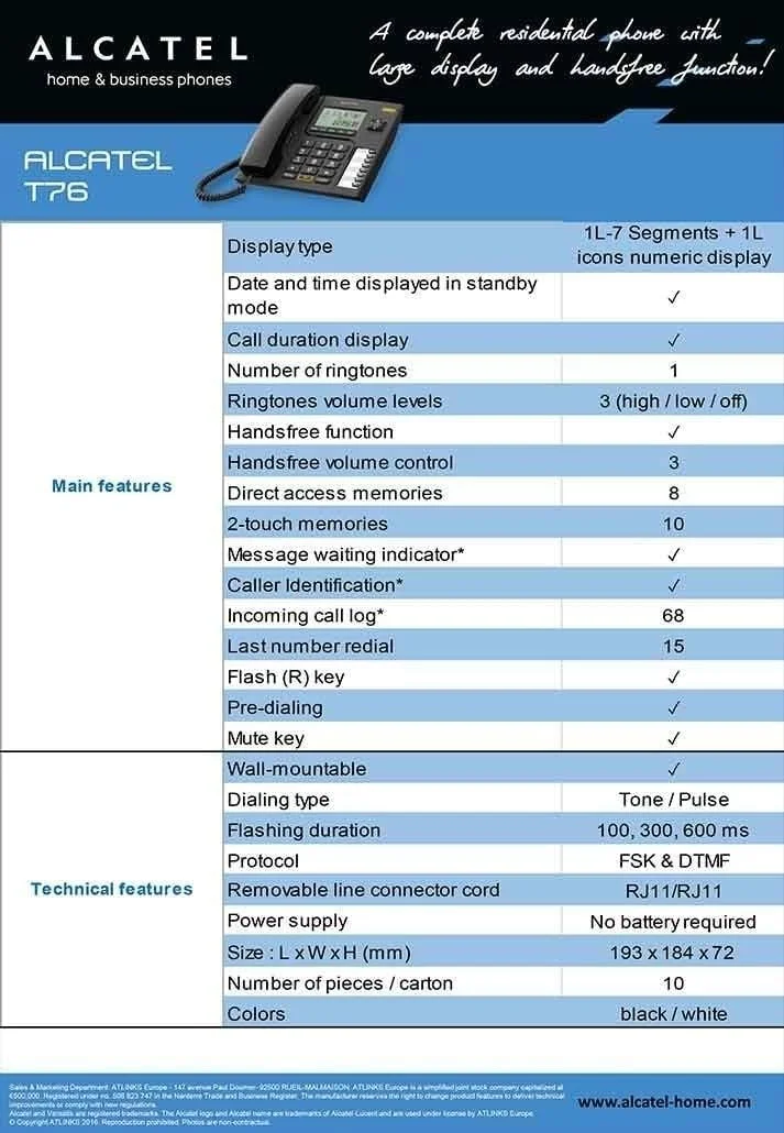 تلفن رومیزی سیم دار آلکاتل مدل T-76 مشکی با قابلیت نمایشگر شماره و عملکرد هندزفری (بسته 2 عددی) تلفن رومیزی سیم دار آلکاتل مدل T-76 مشکی با قابلیت نمایشگر شماره و عملکرد هندزفری (بسته 2 عددی)