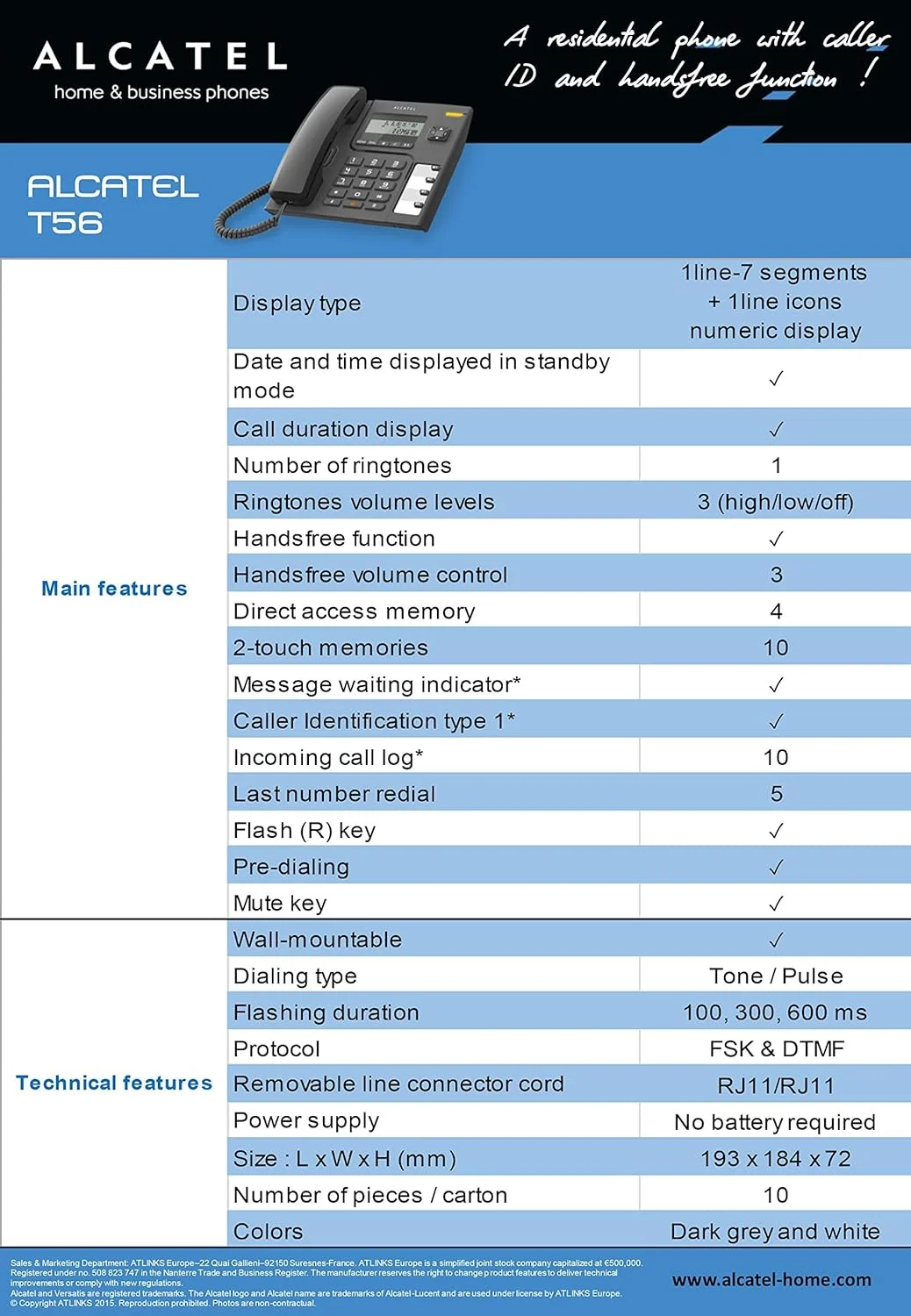 تلفن رومیزی سیم دار آلکاتل مدل T-56 مشکی با قابلیت نمایشگر شماره و عملکرد هندزفری (بسته 2 عددی)