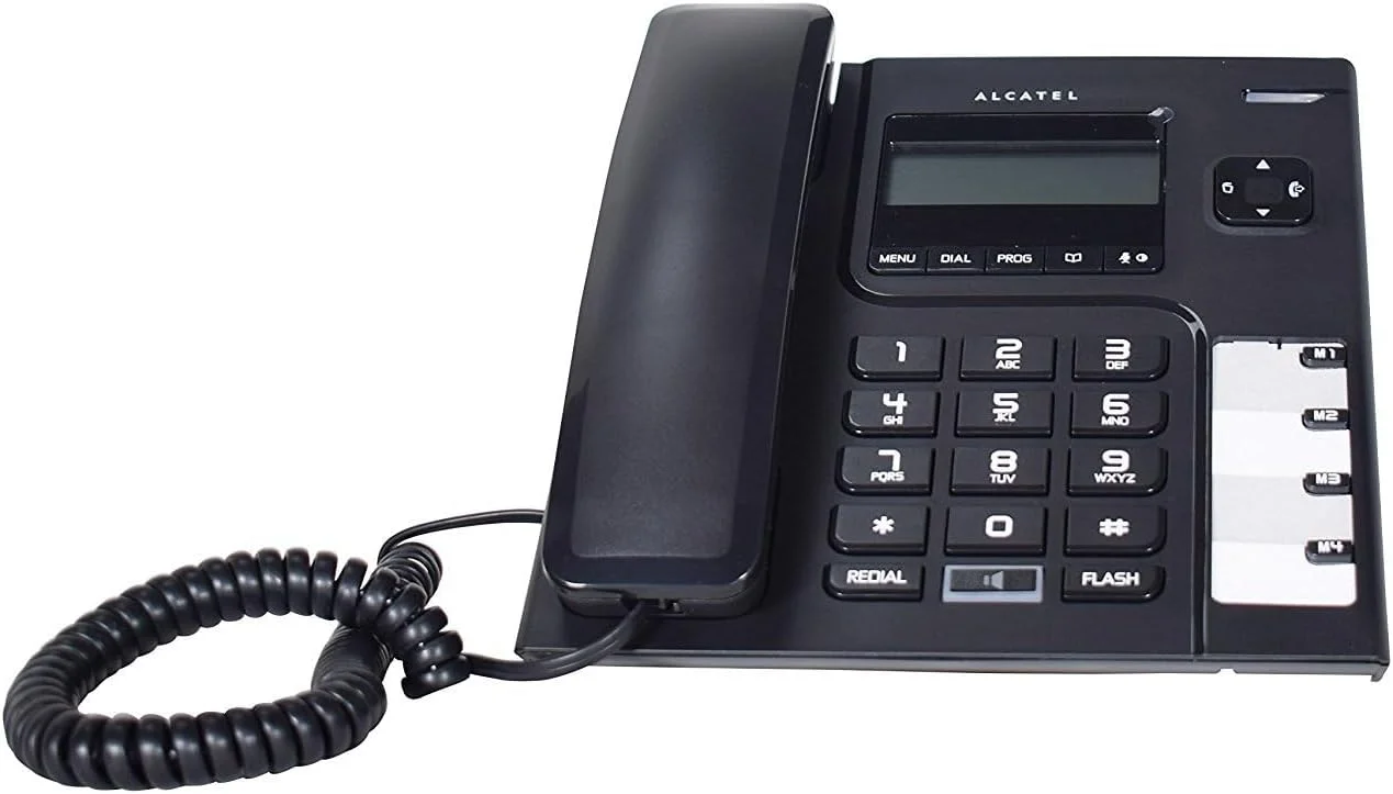 تلفن رومیزی سیم دار آلکاتل مدل T-56 مشکی با قابلیت نمایشگر شماره و عملکرد هندزفری (بسته 2 عددی)